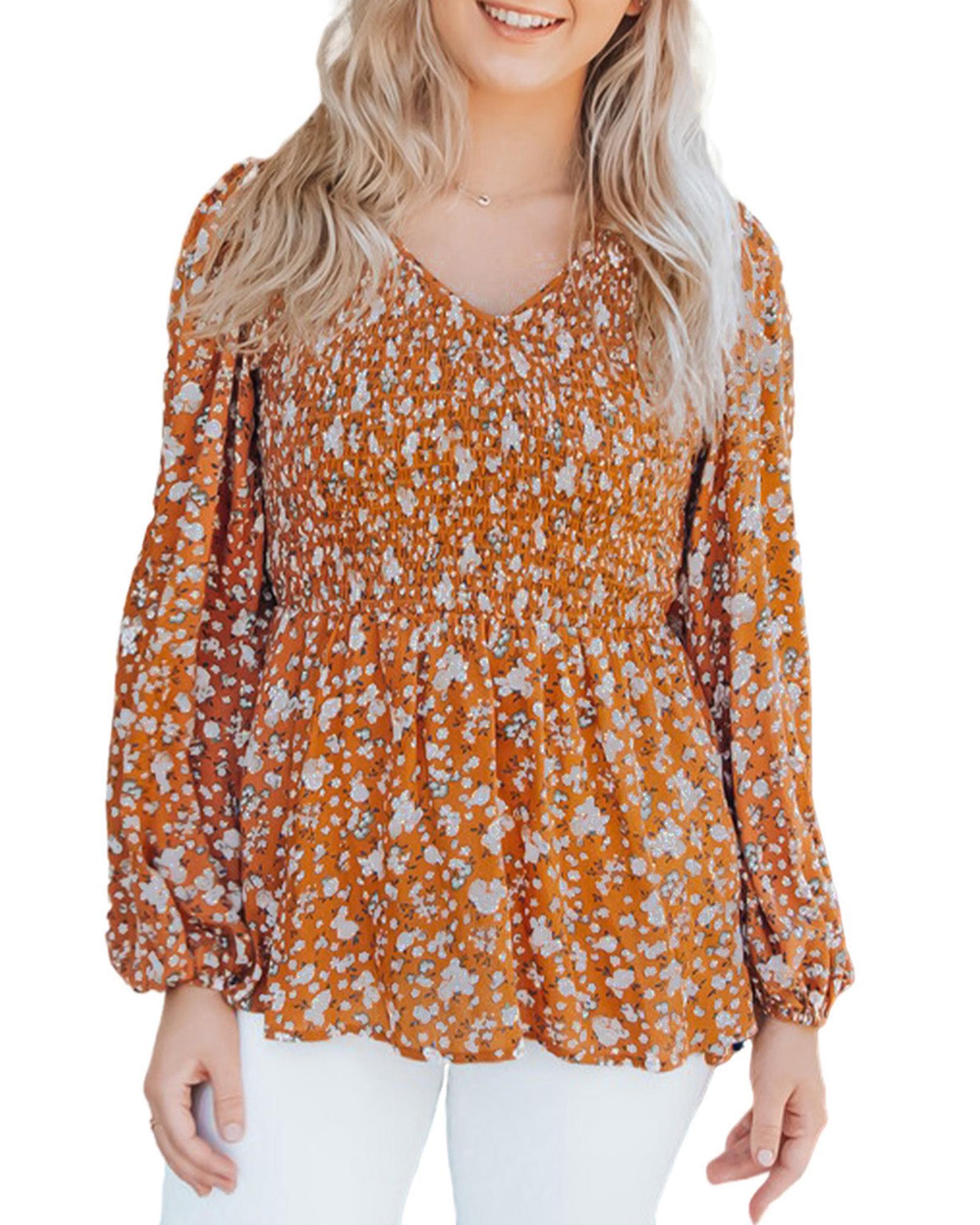 Azura Exchange Floral Print Shirred V Neck Blouse - M