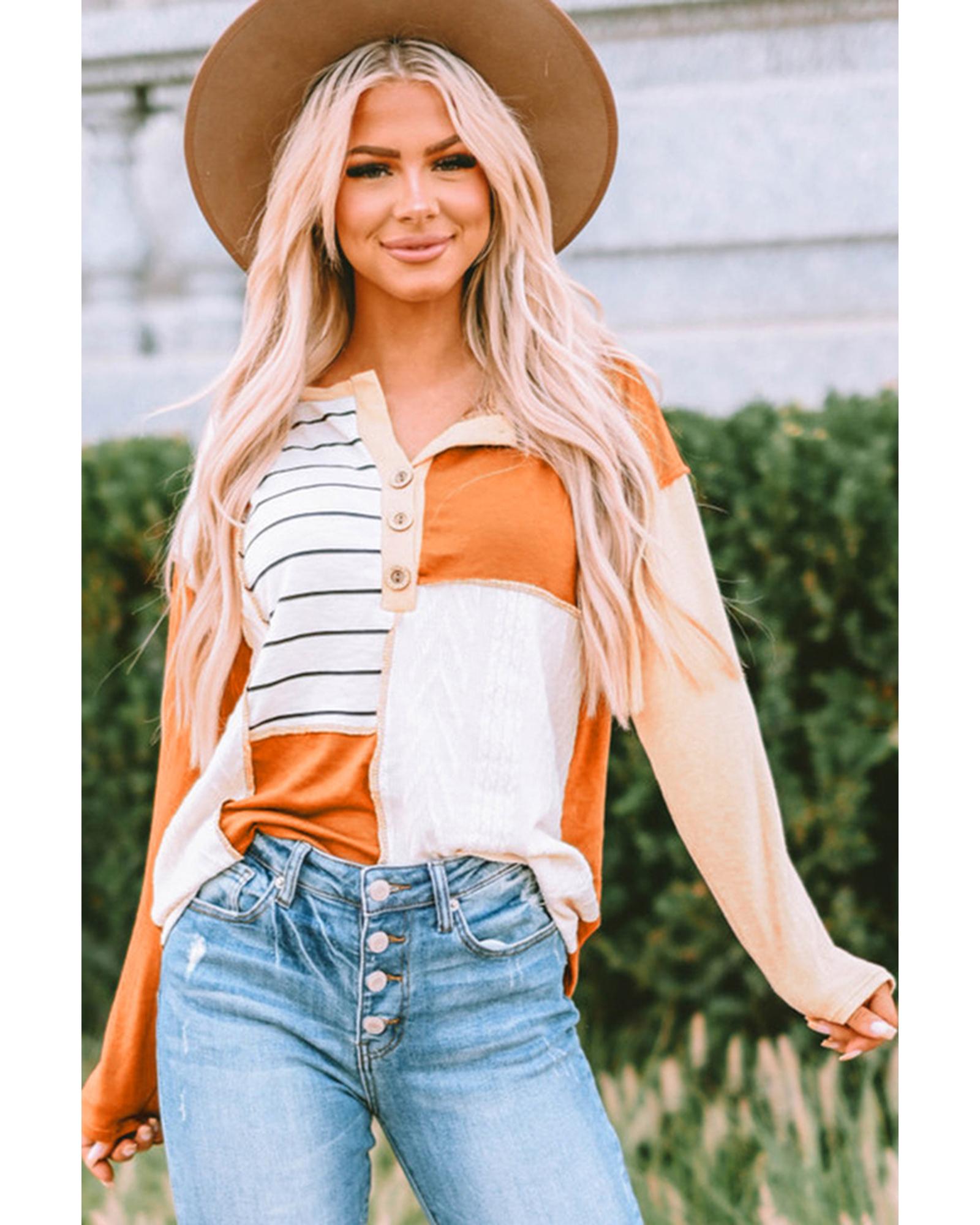 Azura Exchange Long Sleeve Henley Top with Stripe Color Block Splicing - XL