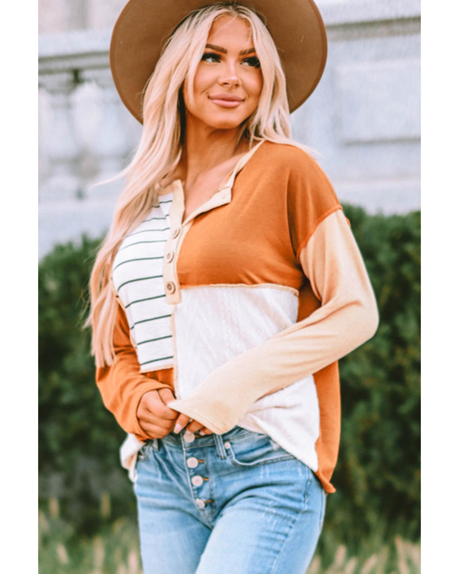 Azura Exchange Long Sleeve Henley Top with Stripe Color Block Splicing - XL