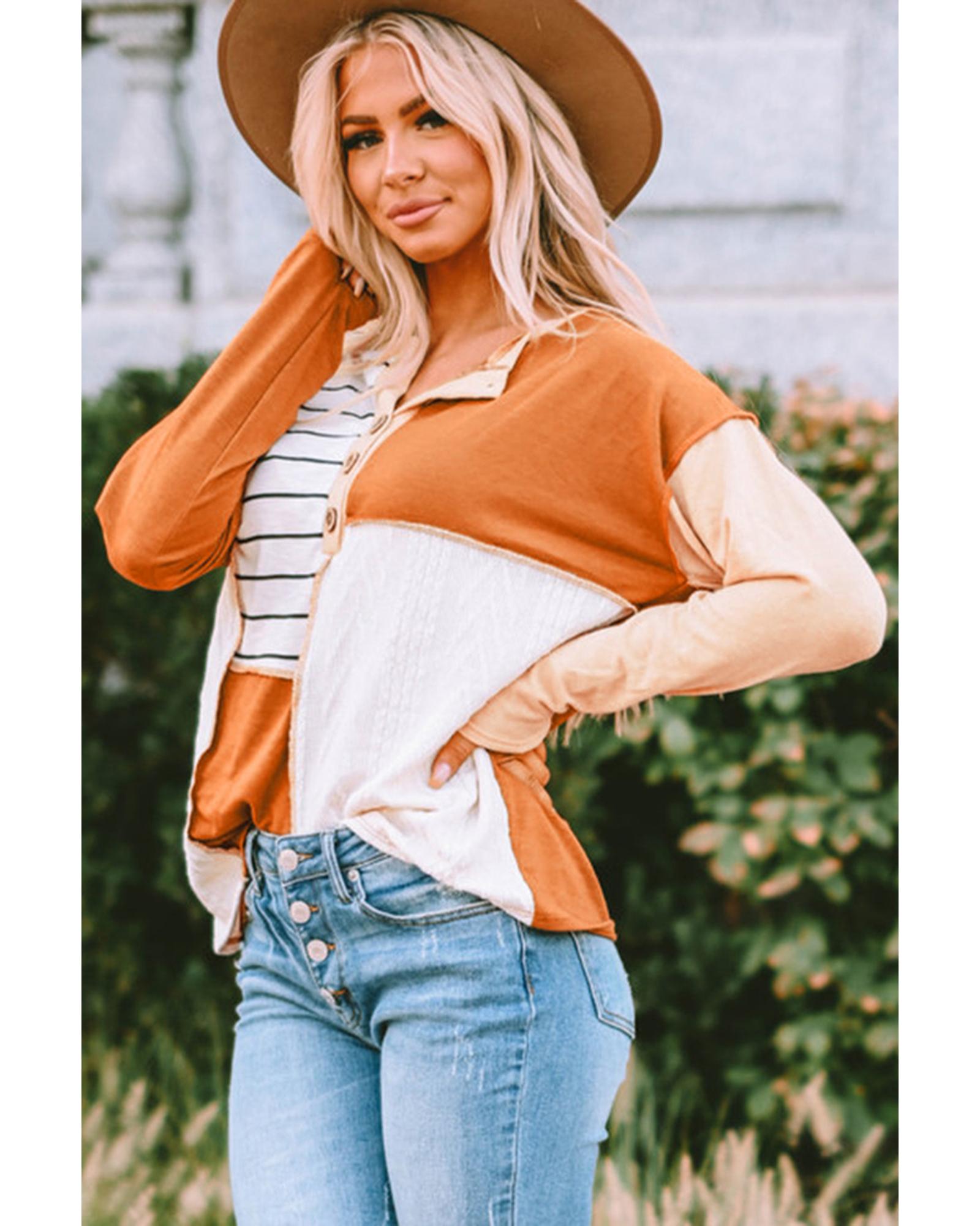 Azura Exchange Long Sleeve Henley Top with Stripe Color Block Splicing - XL
