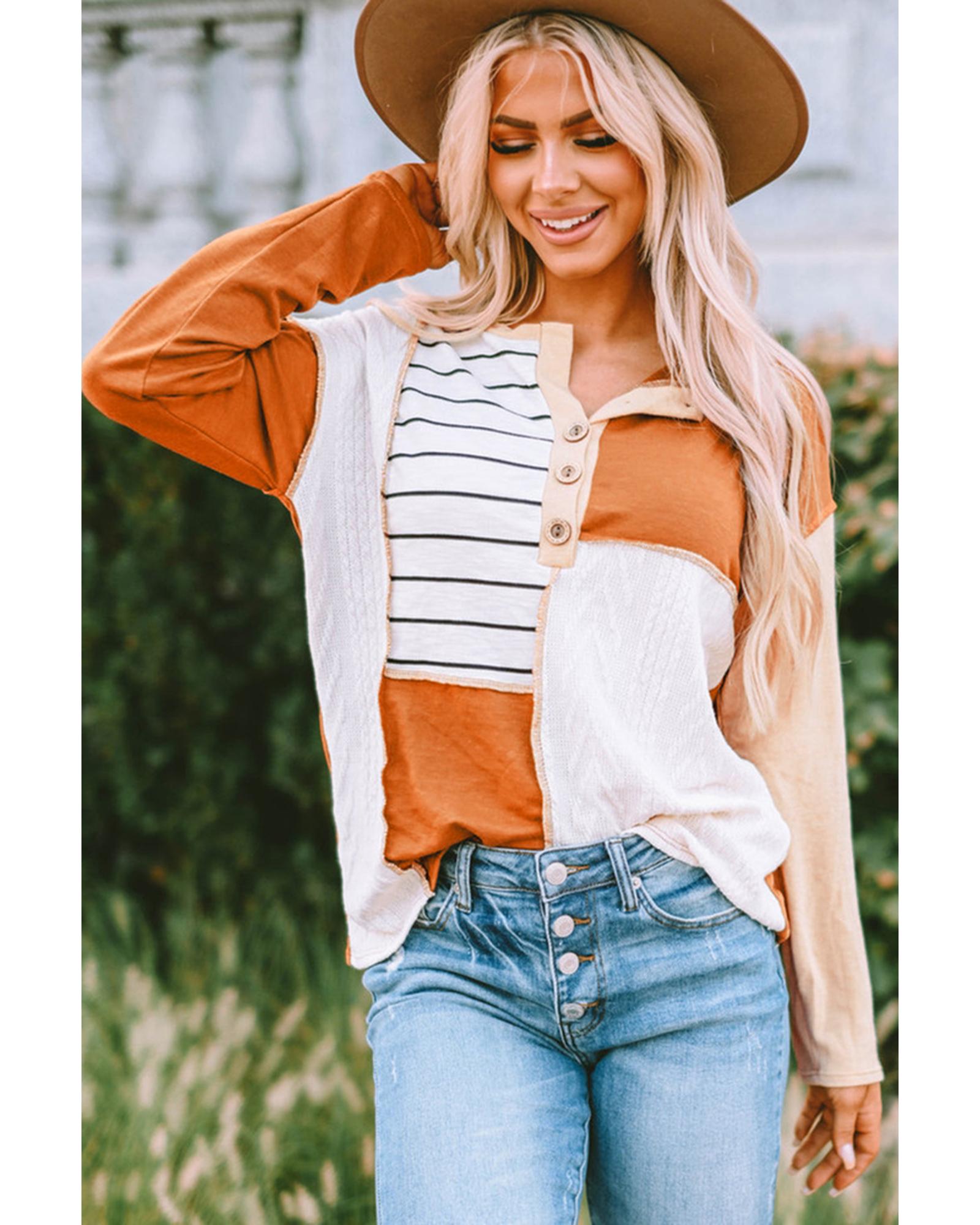Azura Exchange Long Sleeve Henley Top with Stripe Color Block Splicing - XL