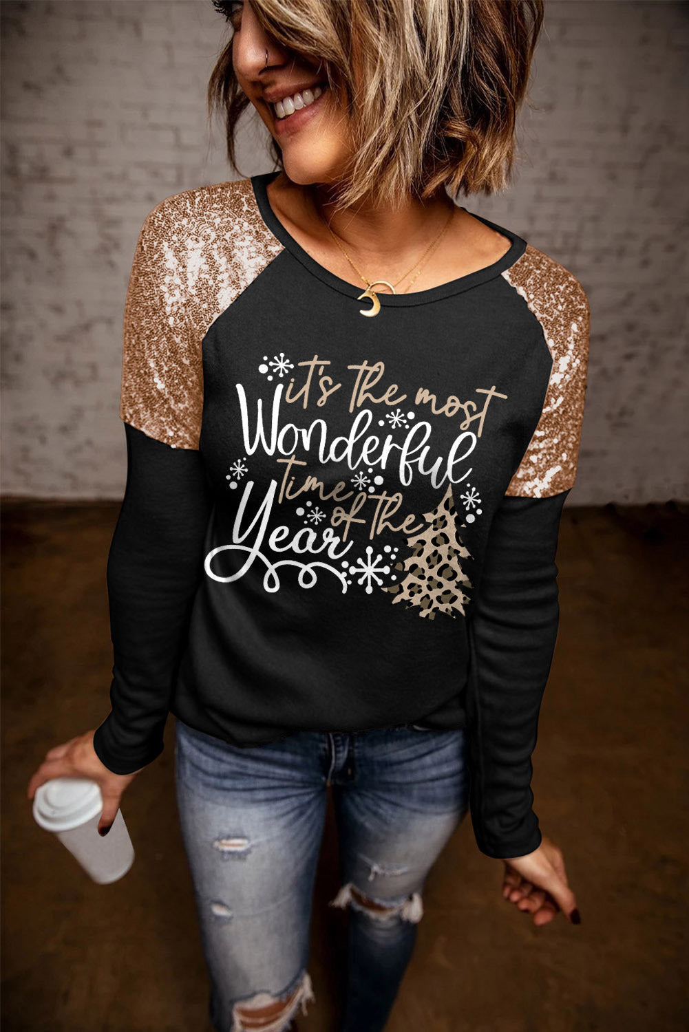 Azura Exchange Christmas Season Graphic Sequin Shoulder Top - L