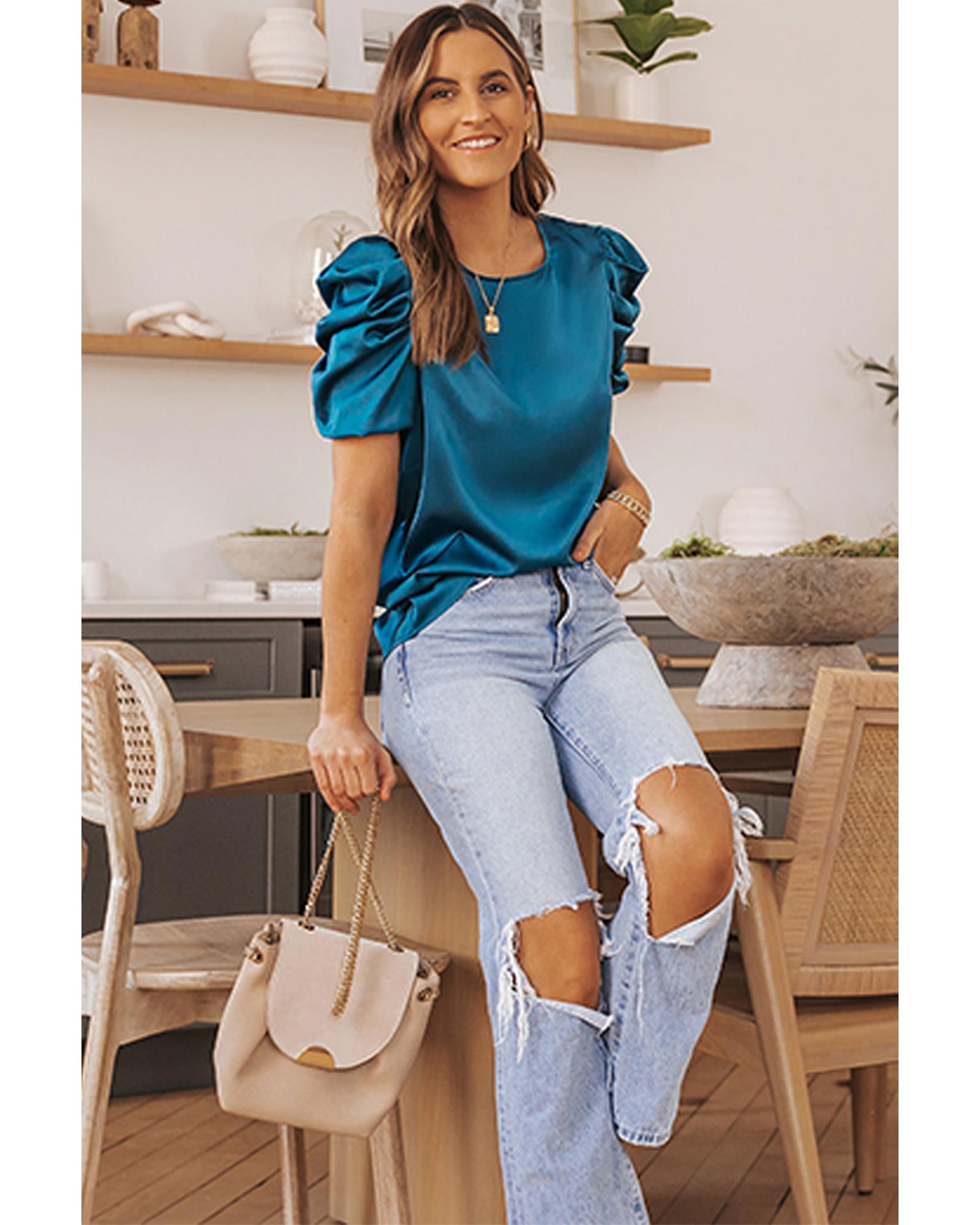 Azura Exchange Puff Sleeve Satin Blouse - L