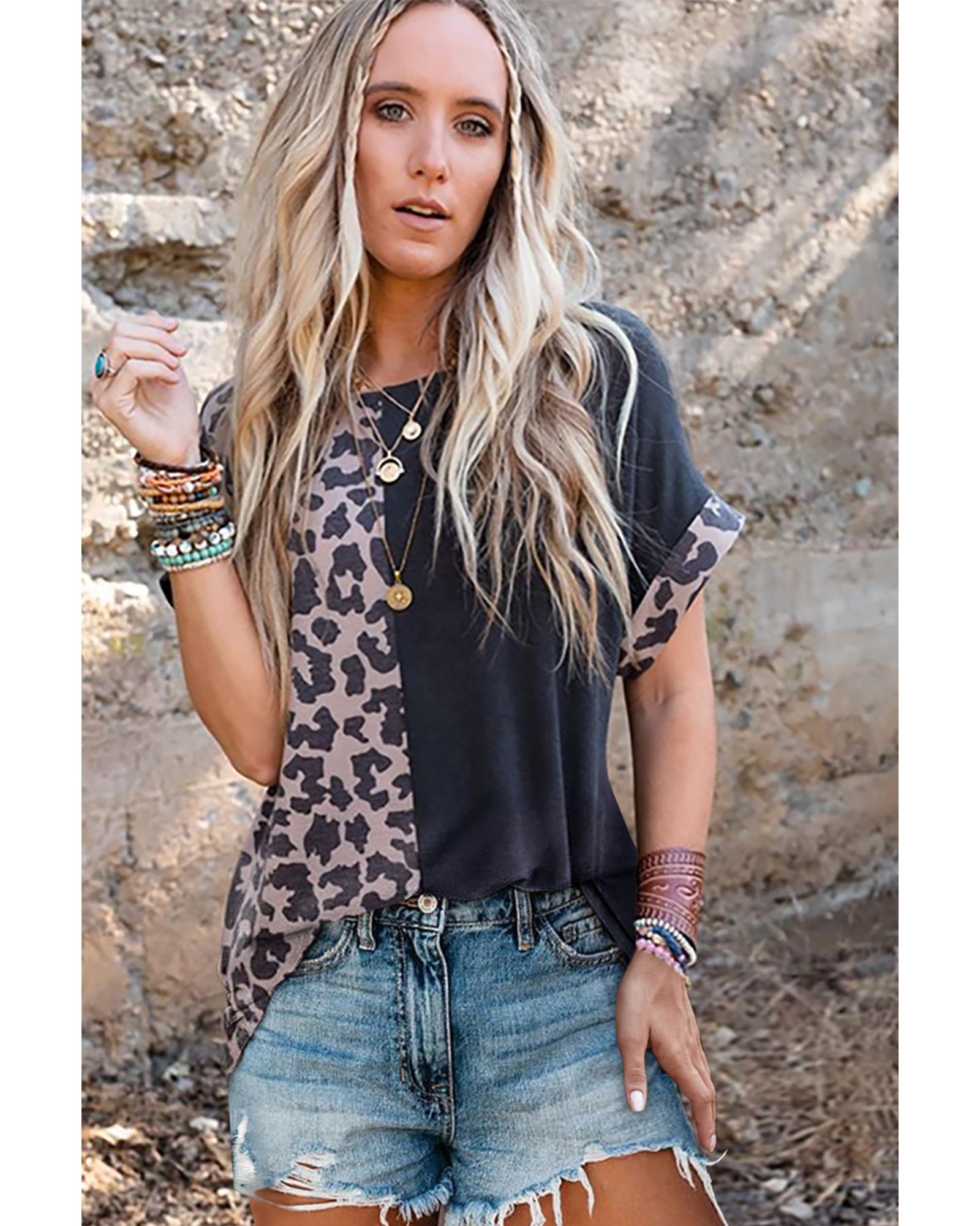 Azura Exchange Leopard Patchwork Short Sleeves Top - XL