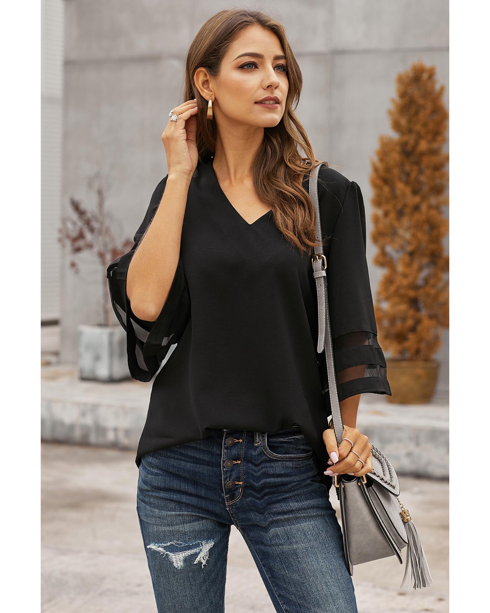 Black Flare Sleeve V Neck Loose Blouse - L
