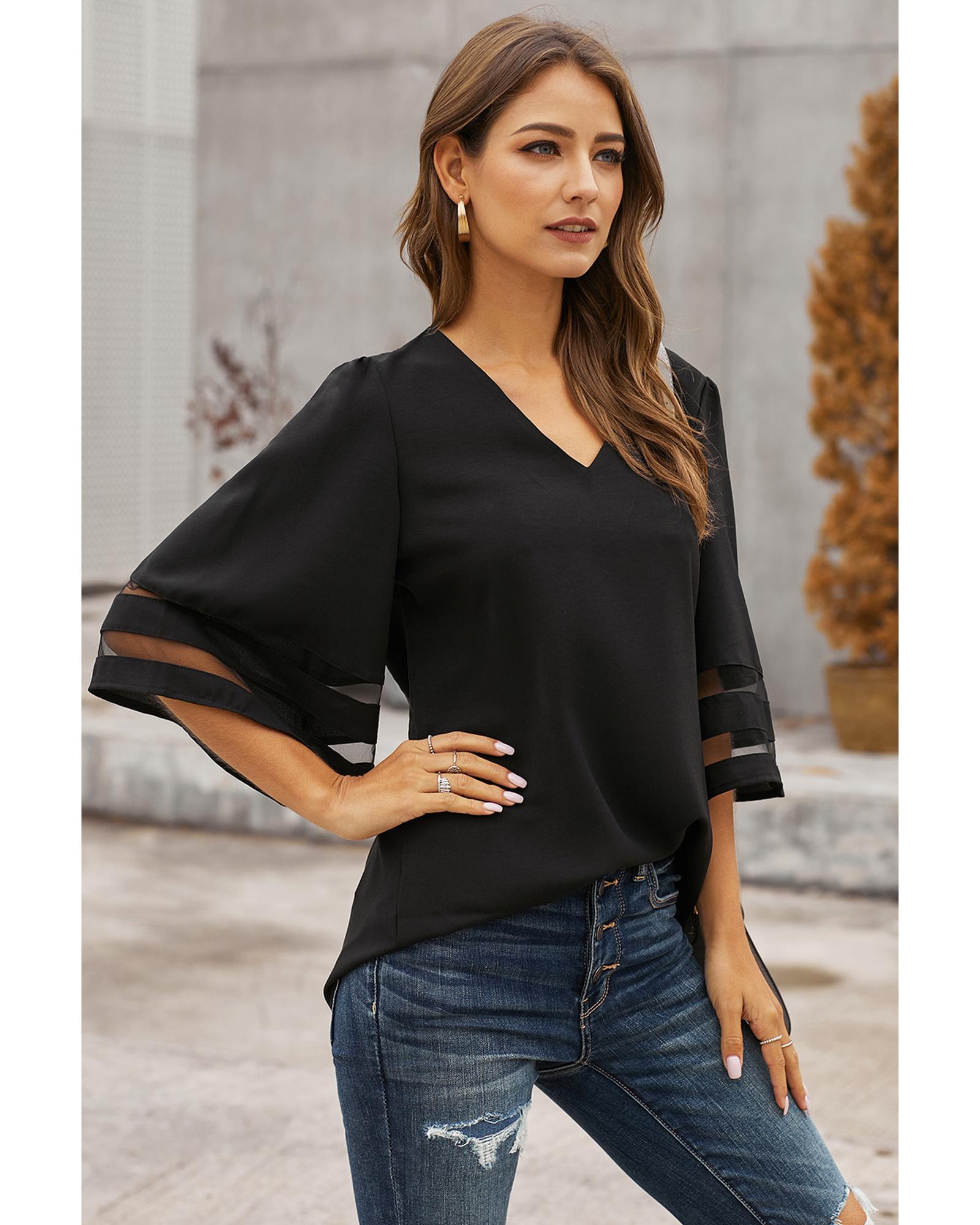Black Flare Sleeve V Neck Loose Blouse - M
