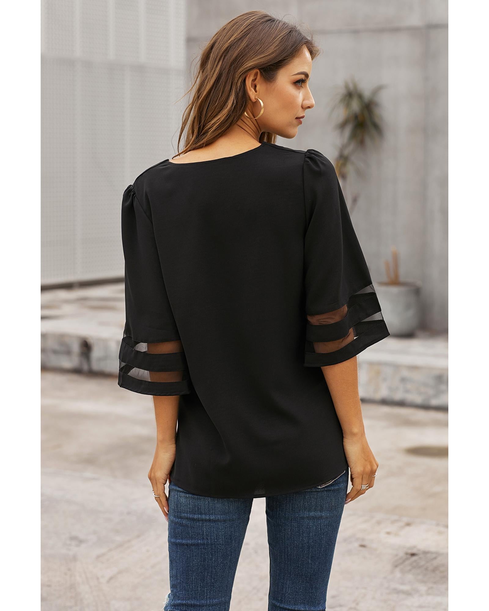 Black Flare Sleeve V Neck Loose Blouse - S