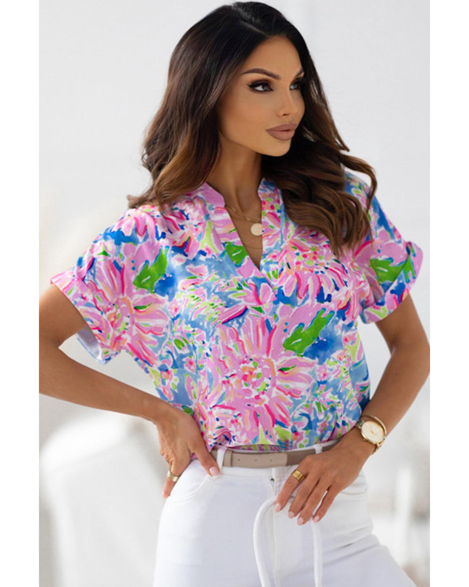 Azura Exchange Abstract Floral Print Notch V Neck Blouse - L