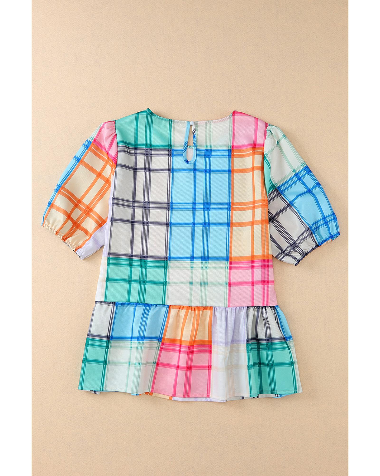 Azura Exchange Bold Plaid Color Block Puff Sleeve Peplum Top - S