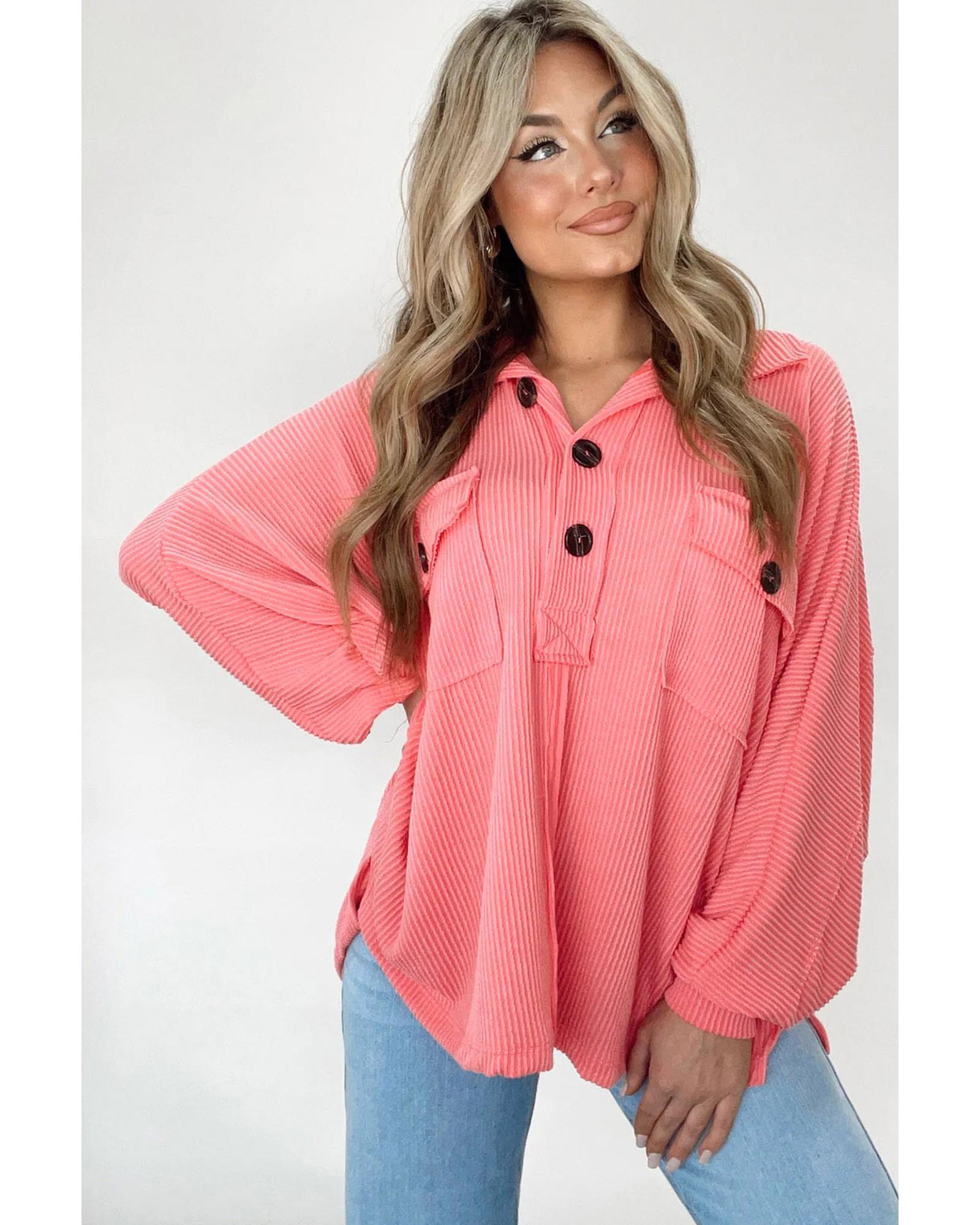 Pink Corded Flap Pocket Henley Top - M