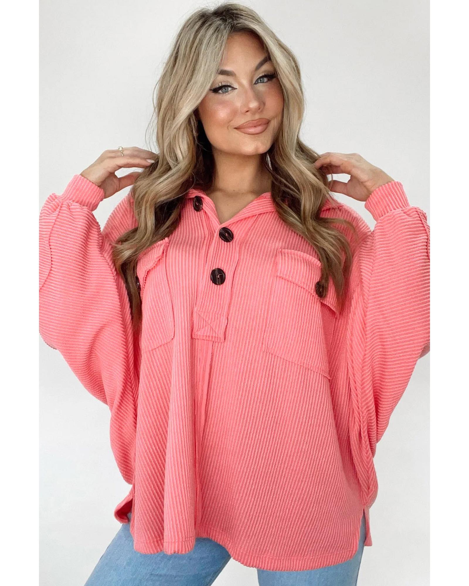 Pink Corded Flap Pocket Henley Top - M
