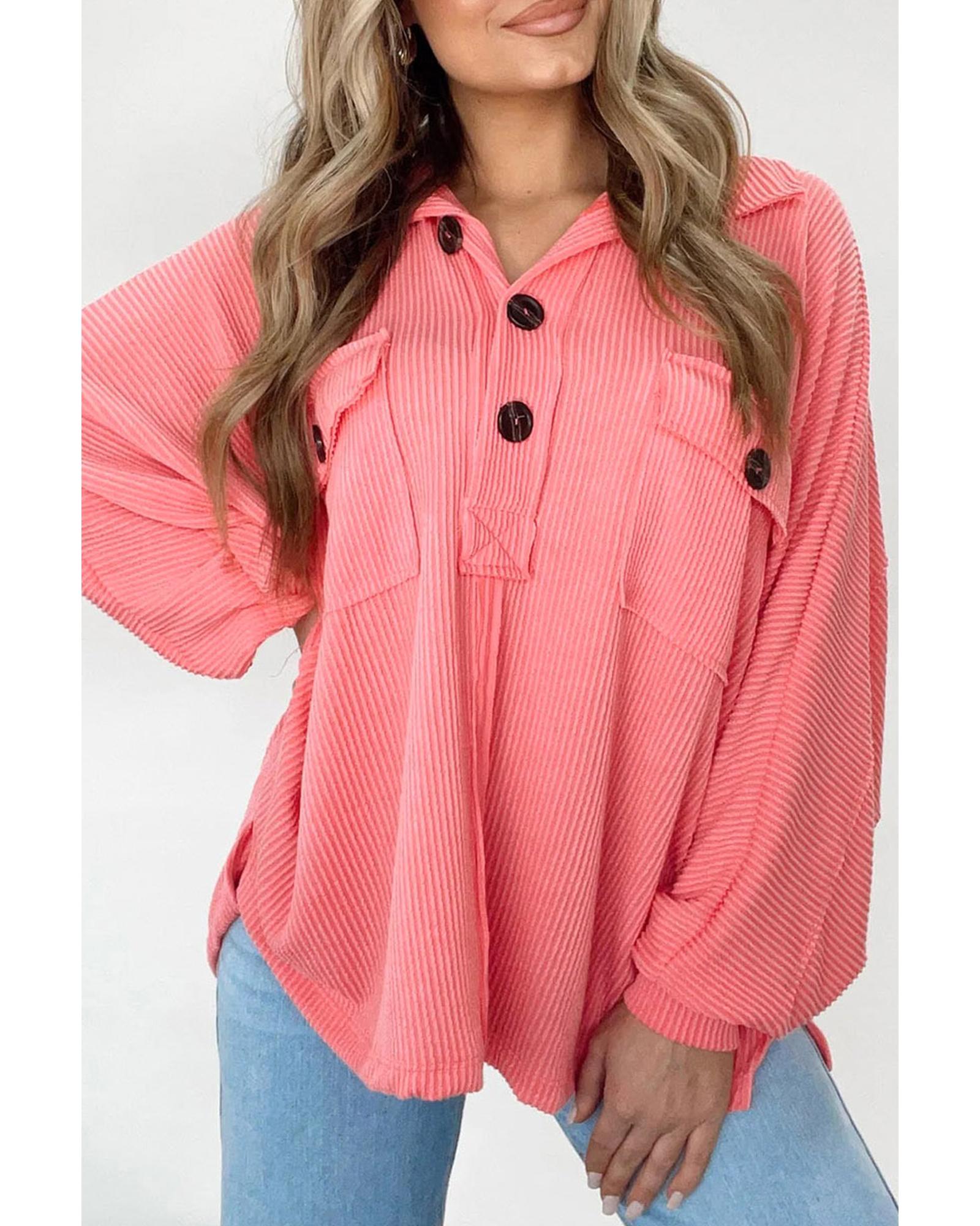 Pink Corded Flap Pocket Henley Top - M