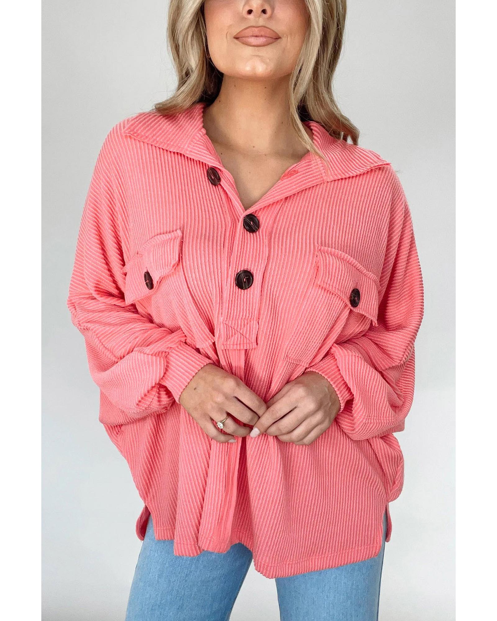 Pink Corded Flap Pocket Henley Top - M
