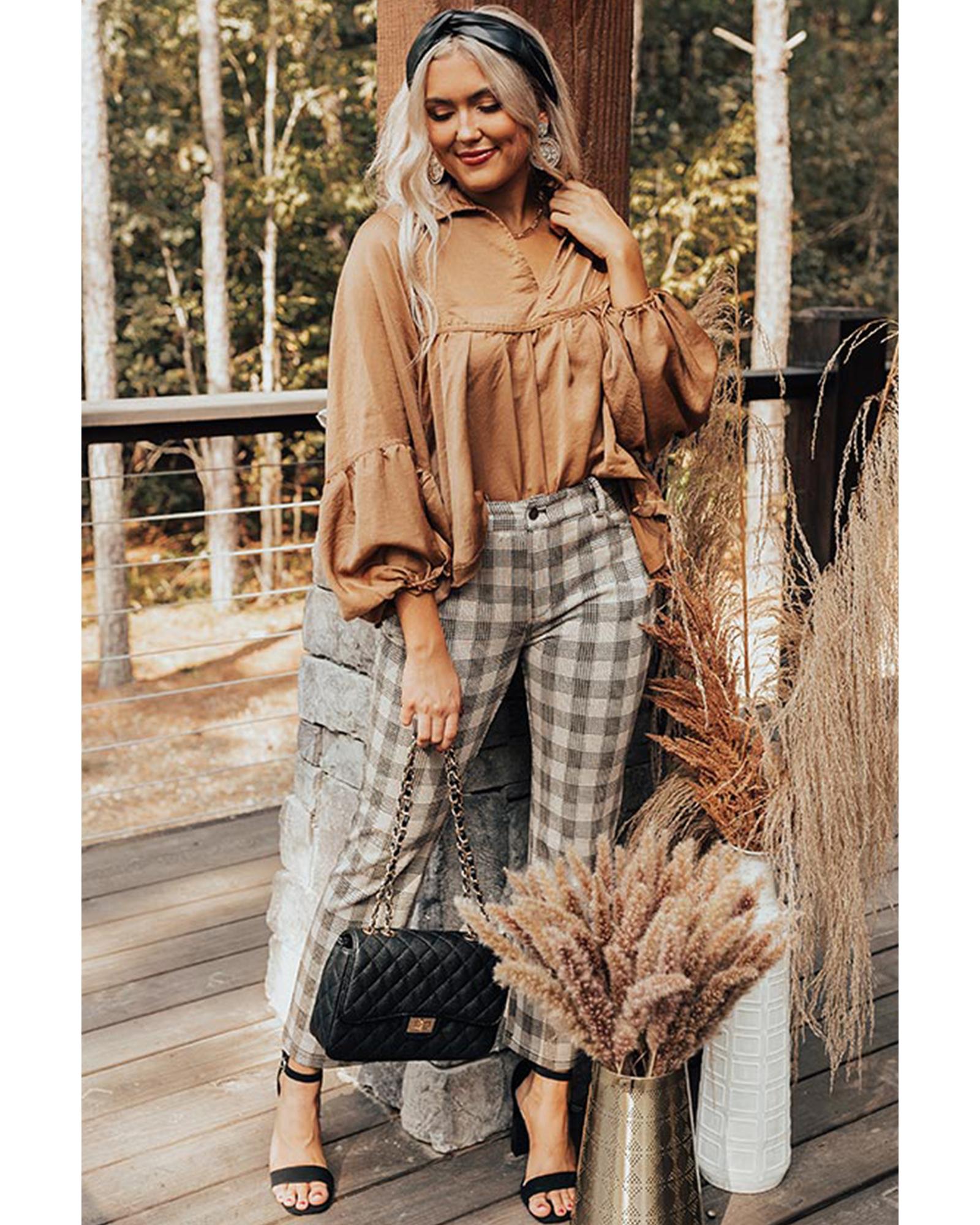 Brown Puff Sleeve Collared Pleated Babydoll Blouse - L