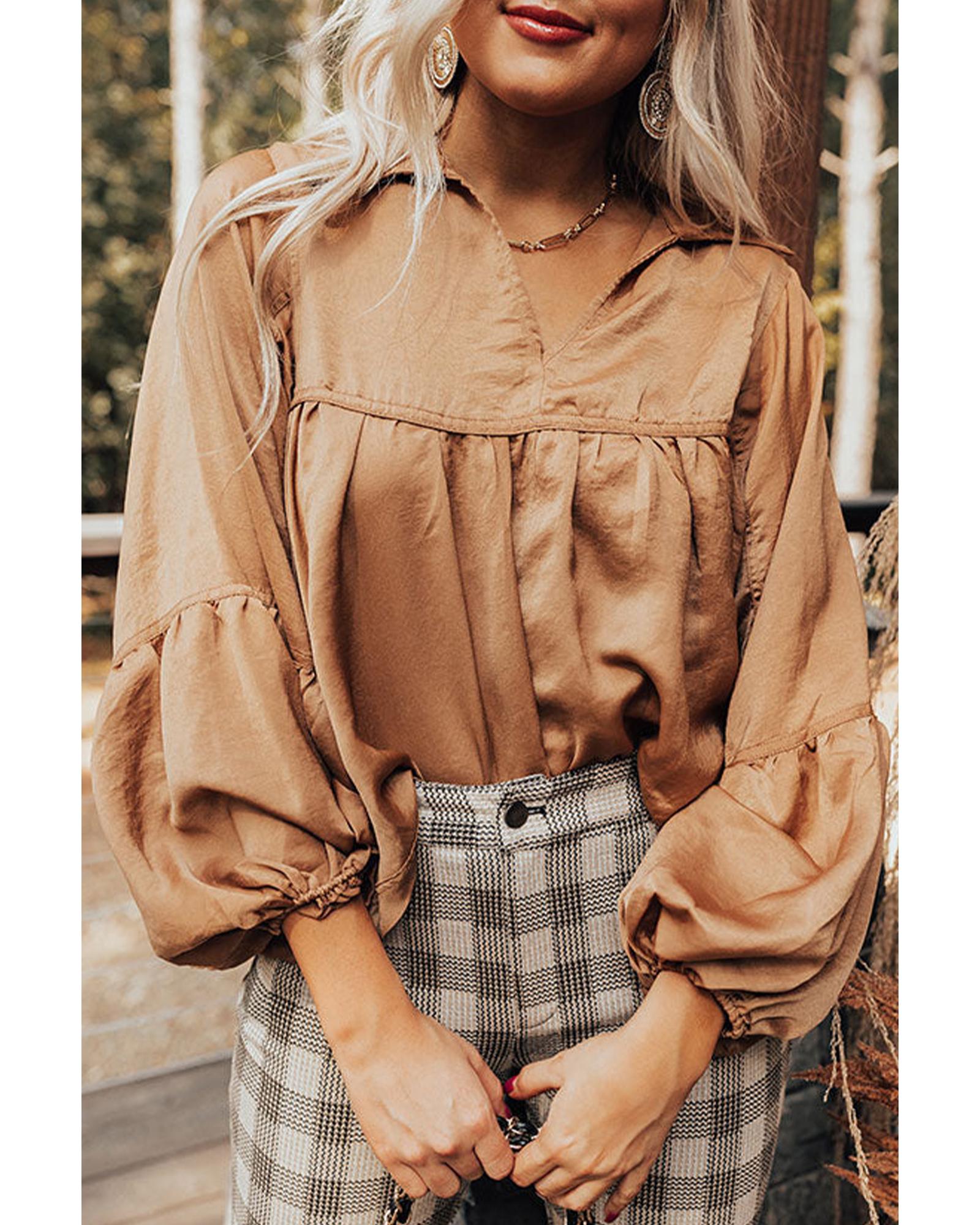 Brown Puff Sleeve Collared Pleated Babydoll Blouse - L
