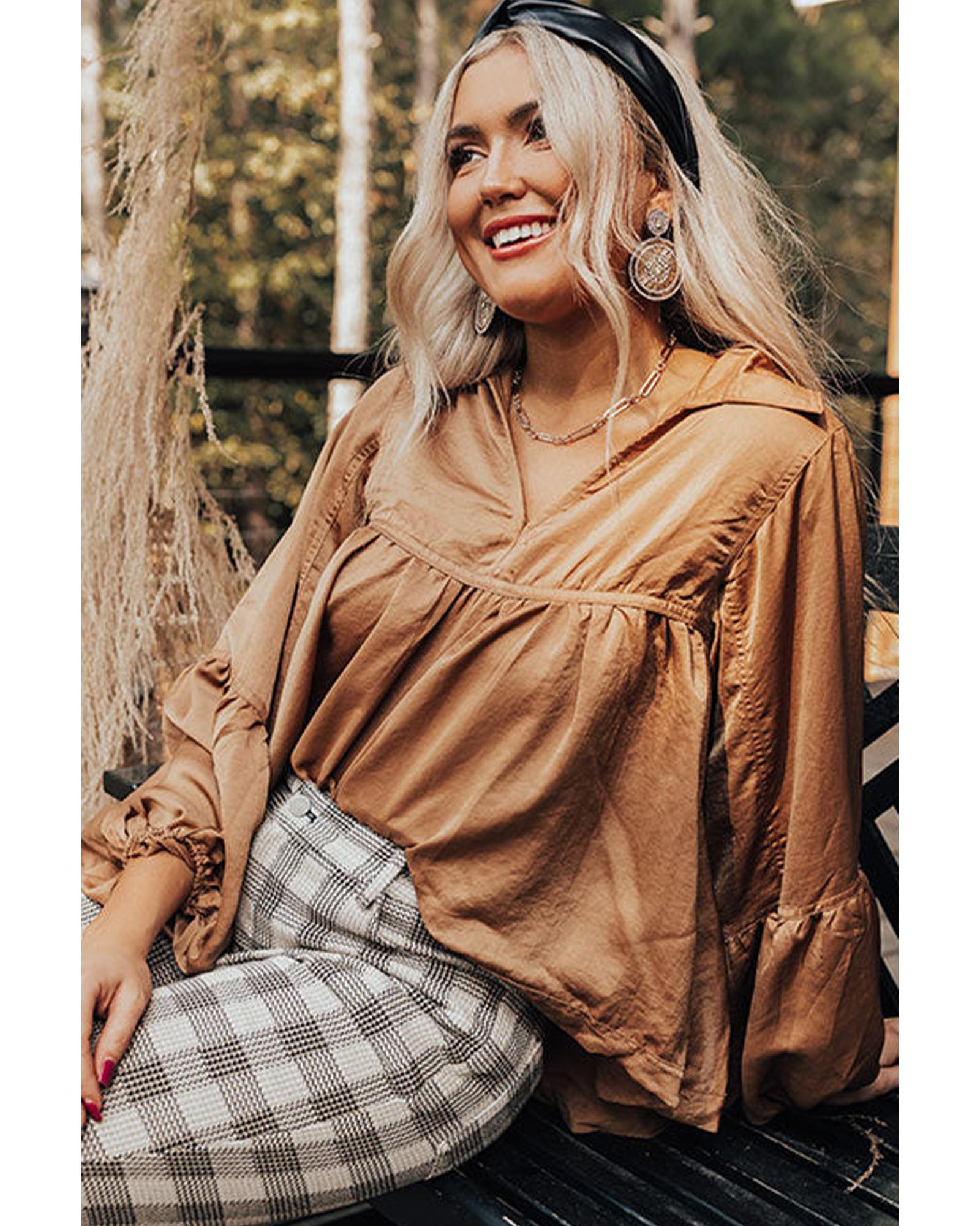 Brown Puff Sleeve Collared Pleated Babydoll Blouse - M