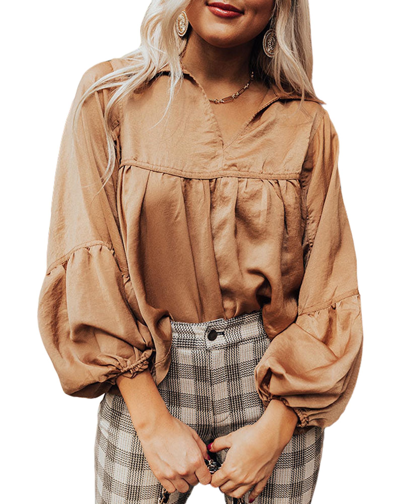 Brown Puff Sleeve Collared Pleated Babydoll Blouse - M
