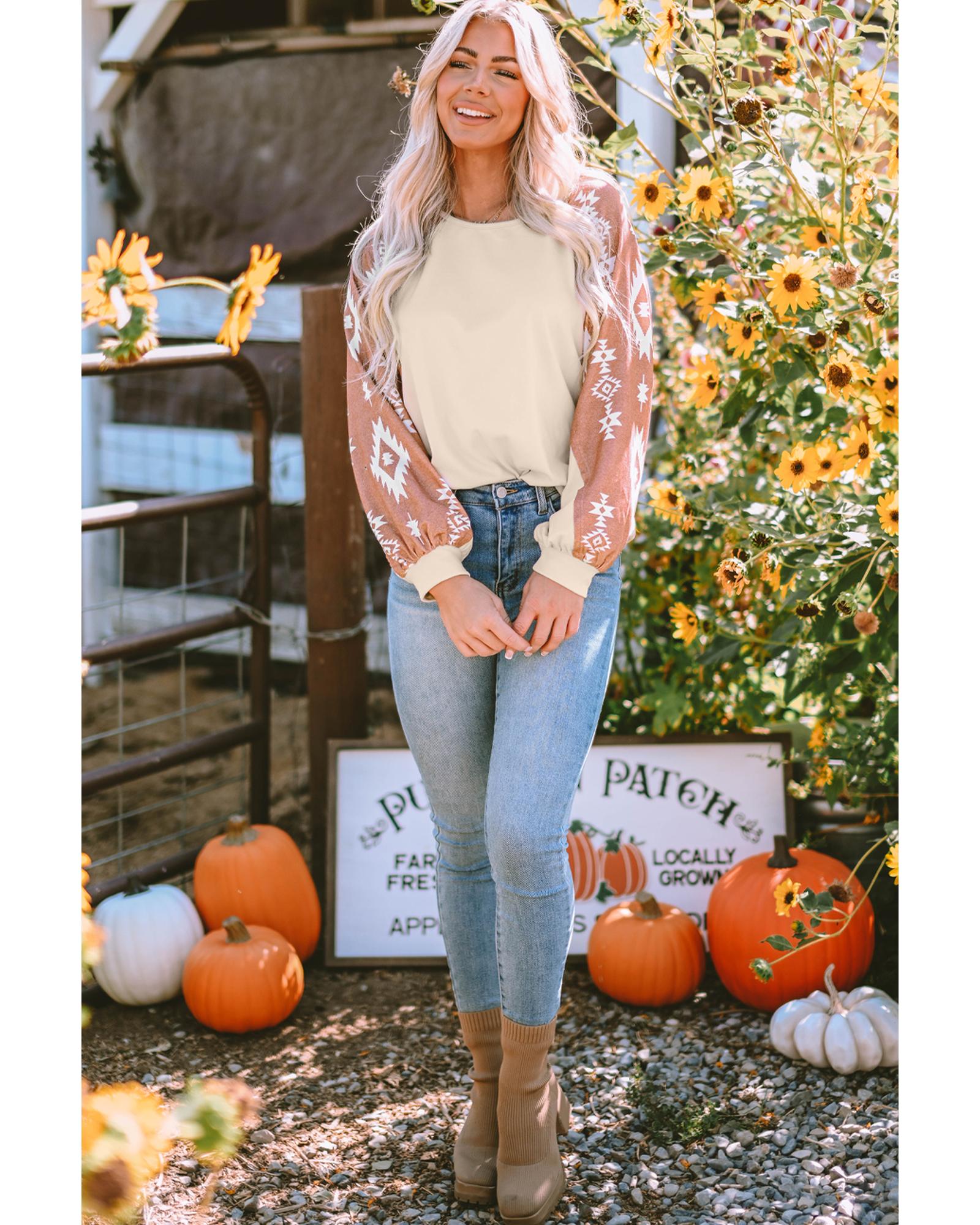 Apricot Western Print Patch Long Sleeve Top - M