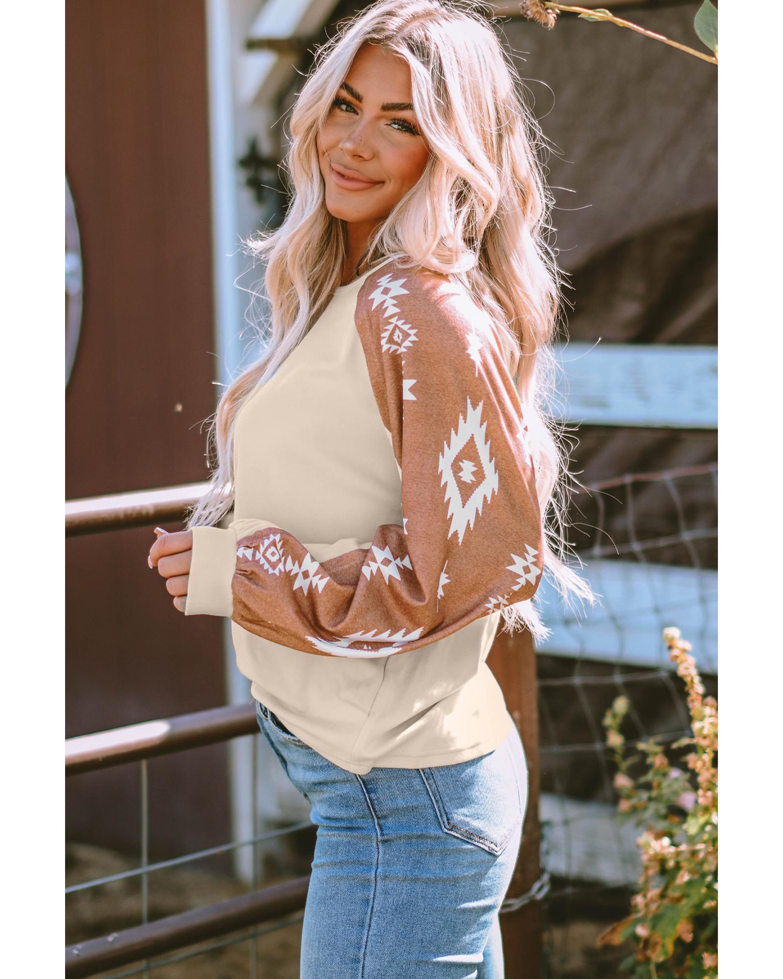 Apricot Western Print Patch Long Sleeve Top - M