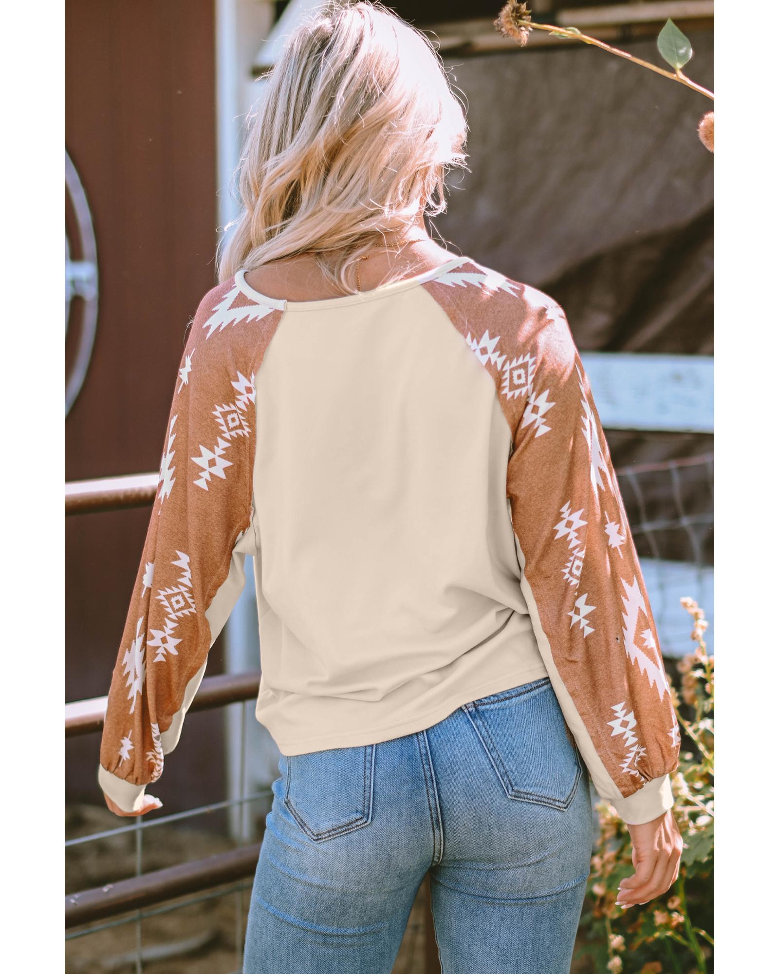 Apricot Western Print Patch Long Sleeve Top - S