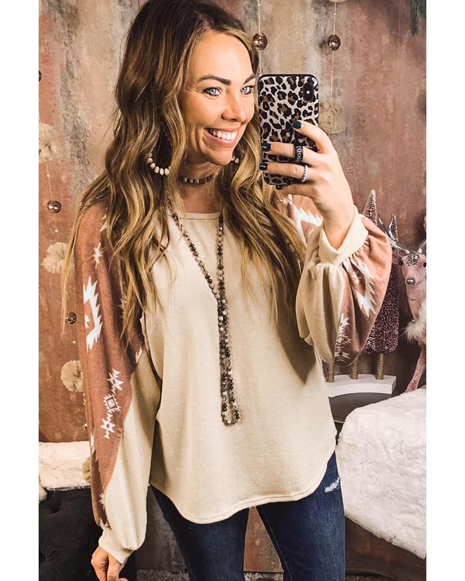 Apricot Western Print Patch Long Sleeve Top - S