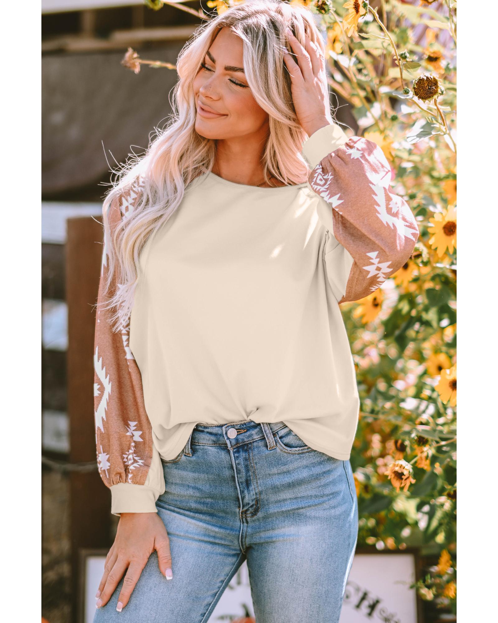 Apricot Western Print Patch Long Sleeve Top - S