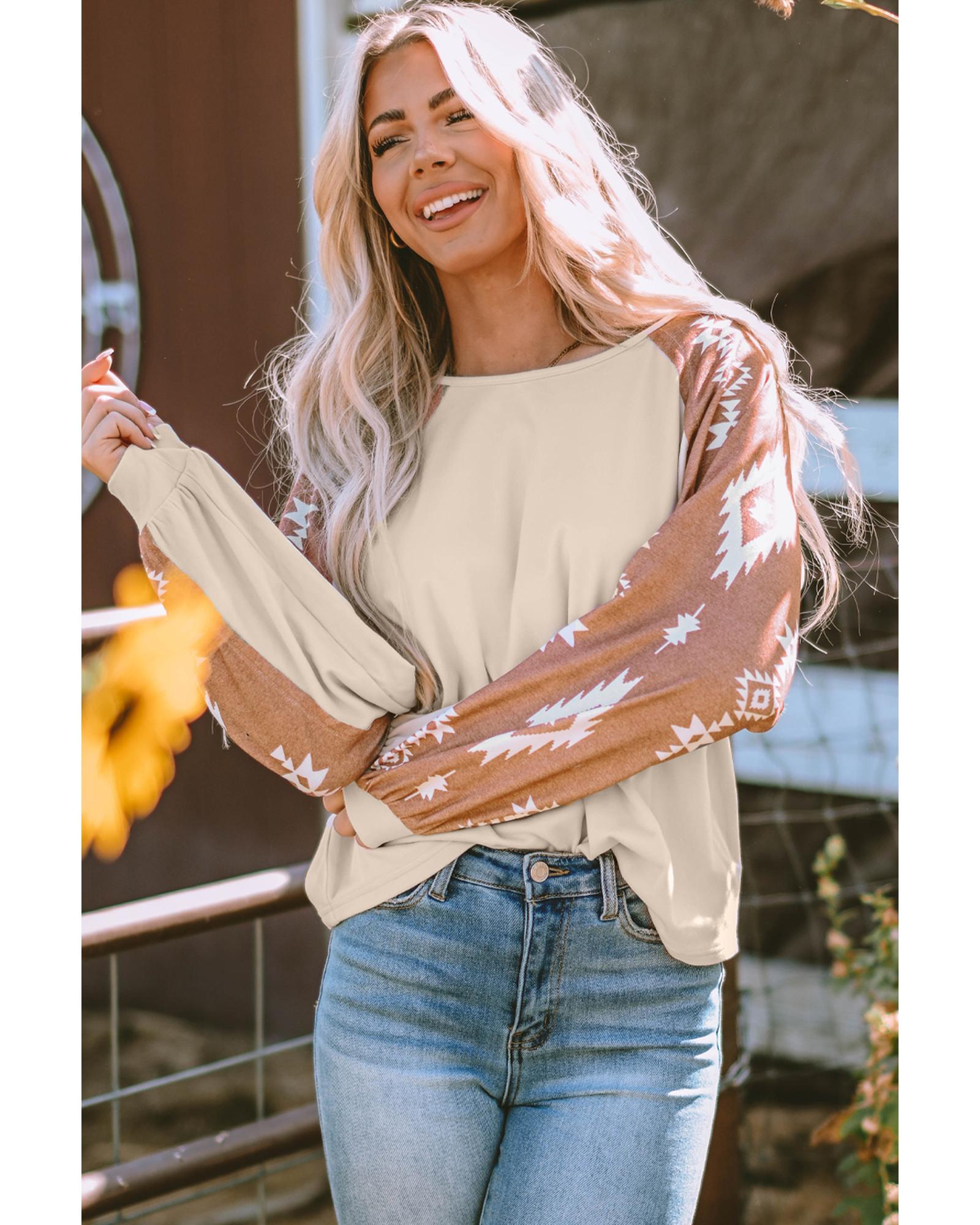 Apricot Western Print Patch Long Sleeve Top - S