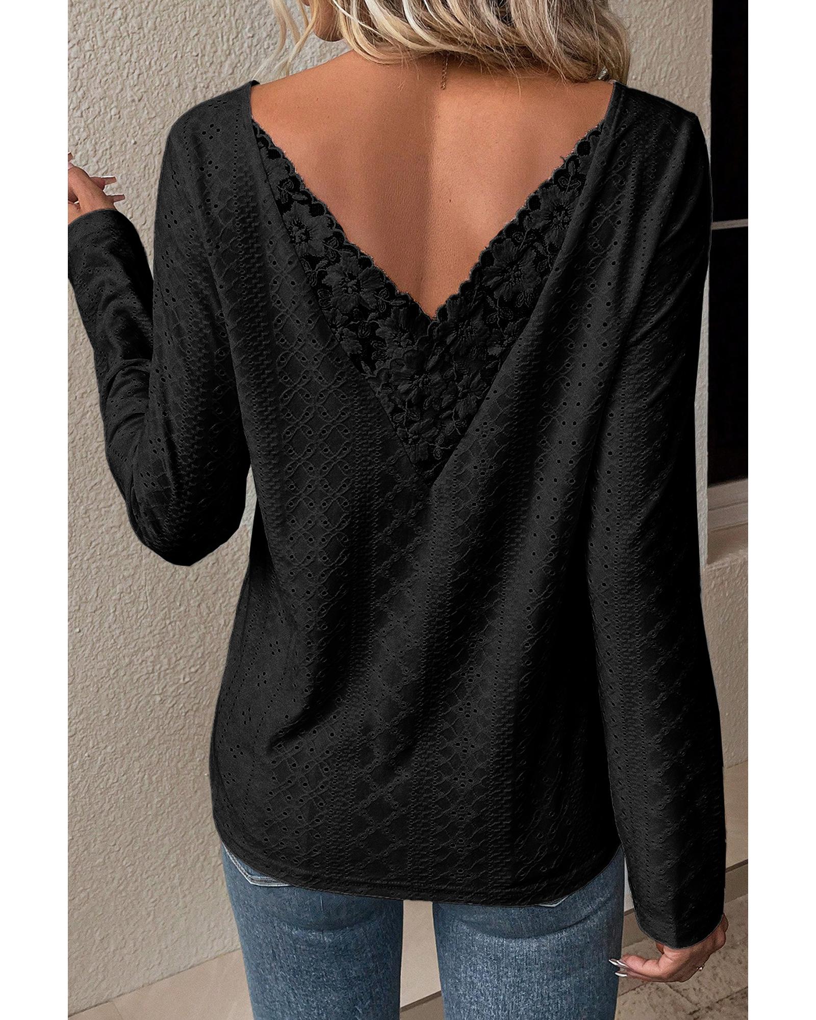 Black Floral Lace Splicing Eyelet Long Sleeve Top - S