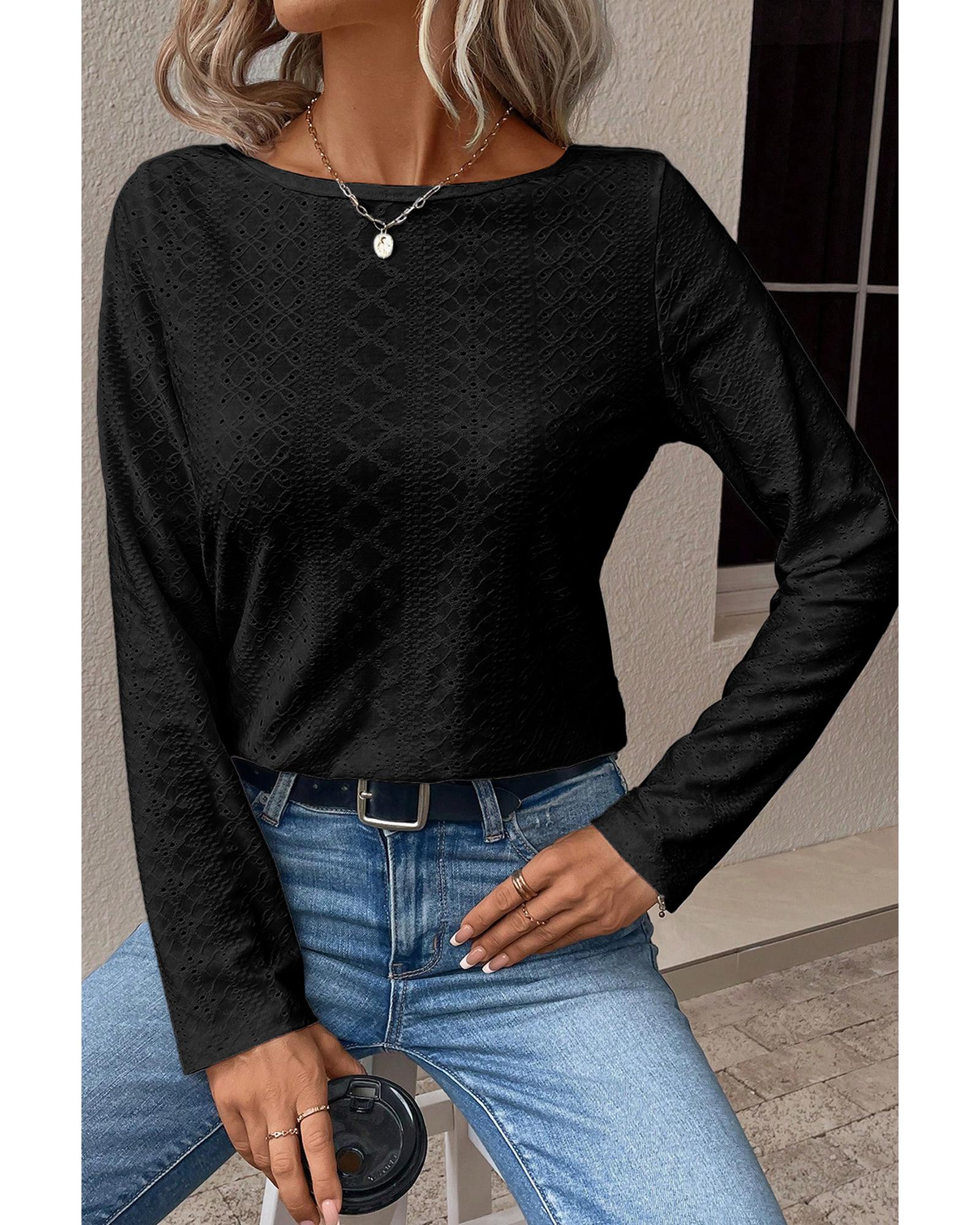 Black Floral Lace Splicing Eyelet Long Sleeve Top - S