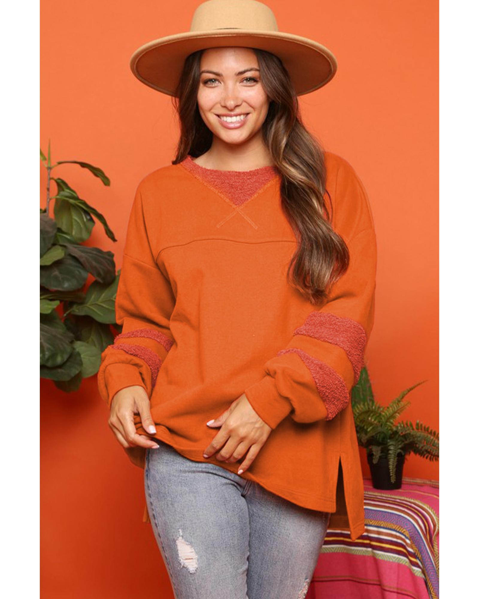 Carrot Fleece Patchwork Side Slits High Low Sweatshirt - L