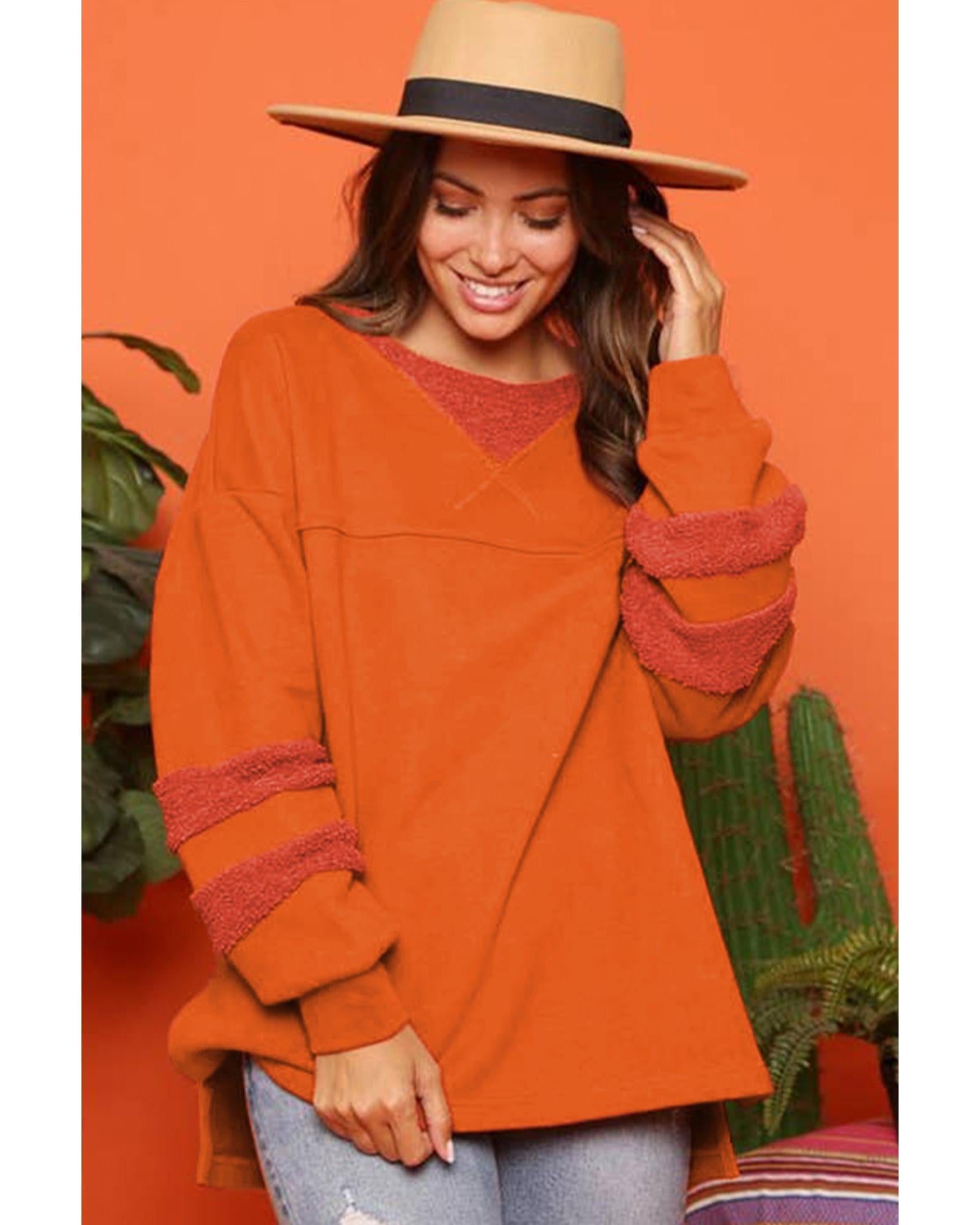 Carrot Fleece Patchwork Side Slits High Low Sweatshirt - L