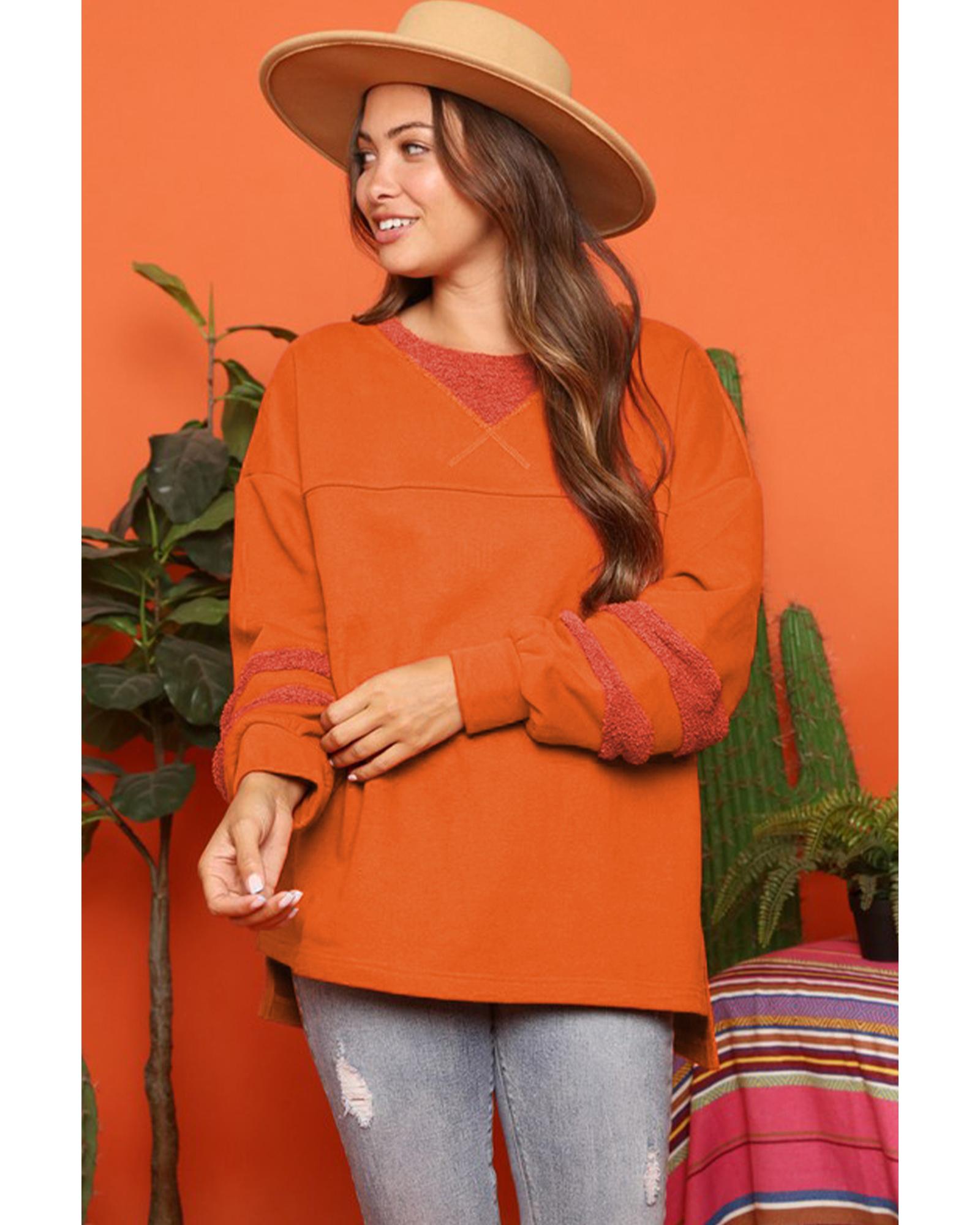 Carrot Fleece Patchwork Side Slits High Low Sweatshirt - S