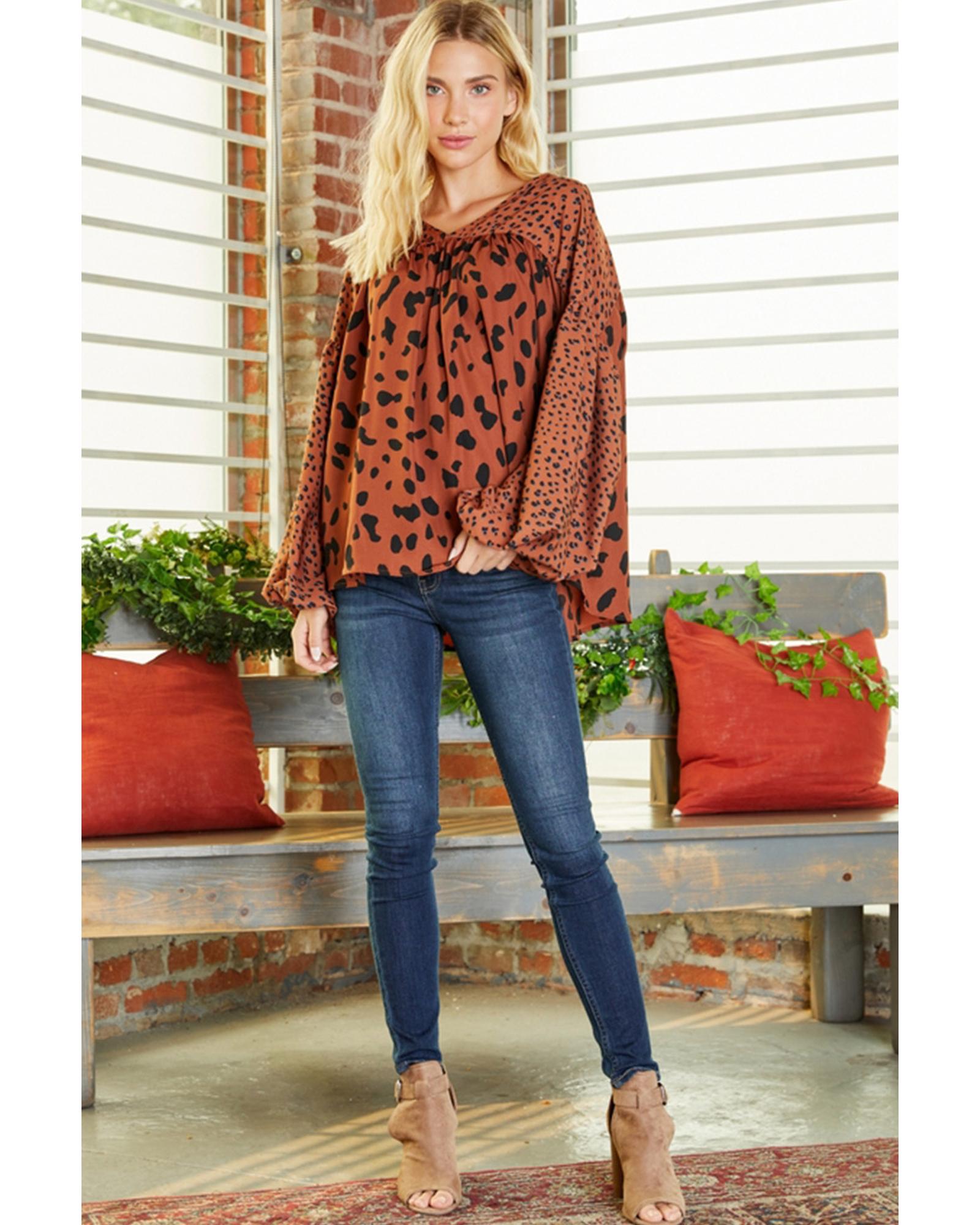 Brown Contrast Leopard Print Bubble Sleeve Blouse - S