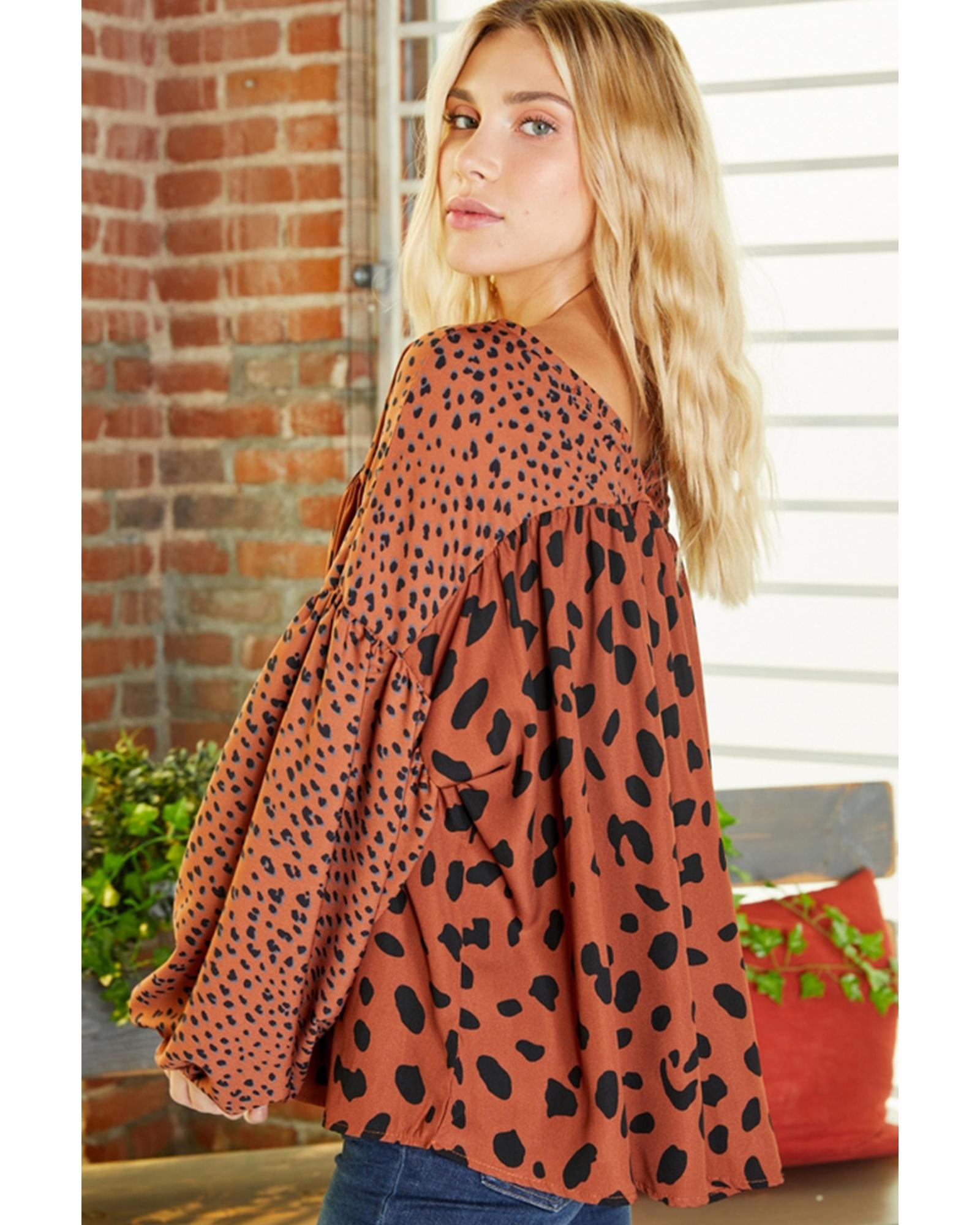 Brown Contrast Leopard Print Bubble Sleeve Blouse - S