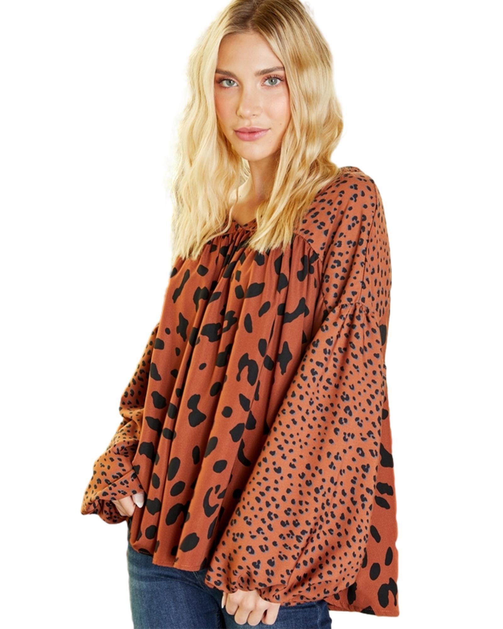 Brown Contrast Leopard Print Bubble Sleeve Blouse - S