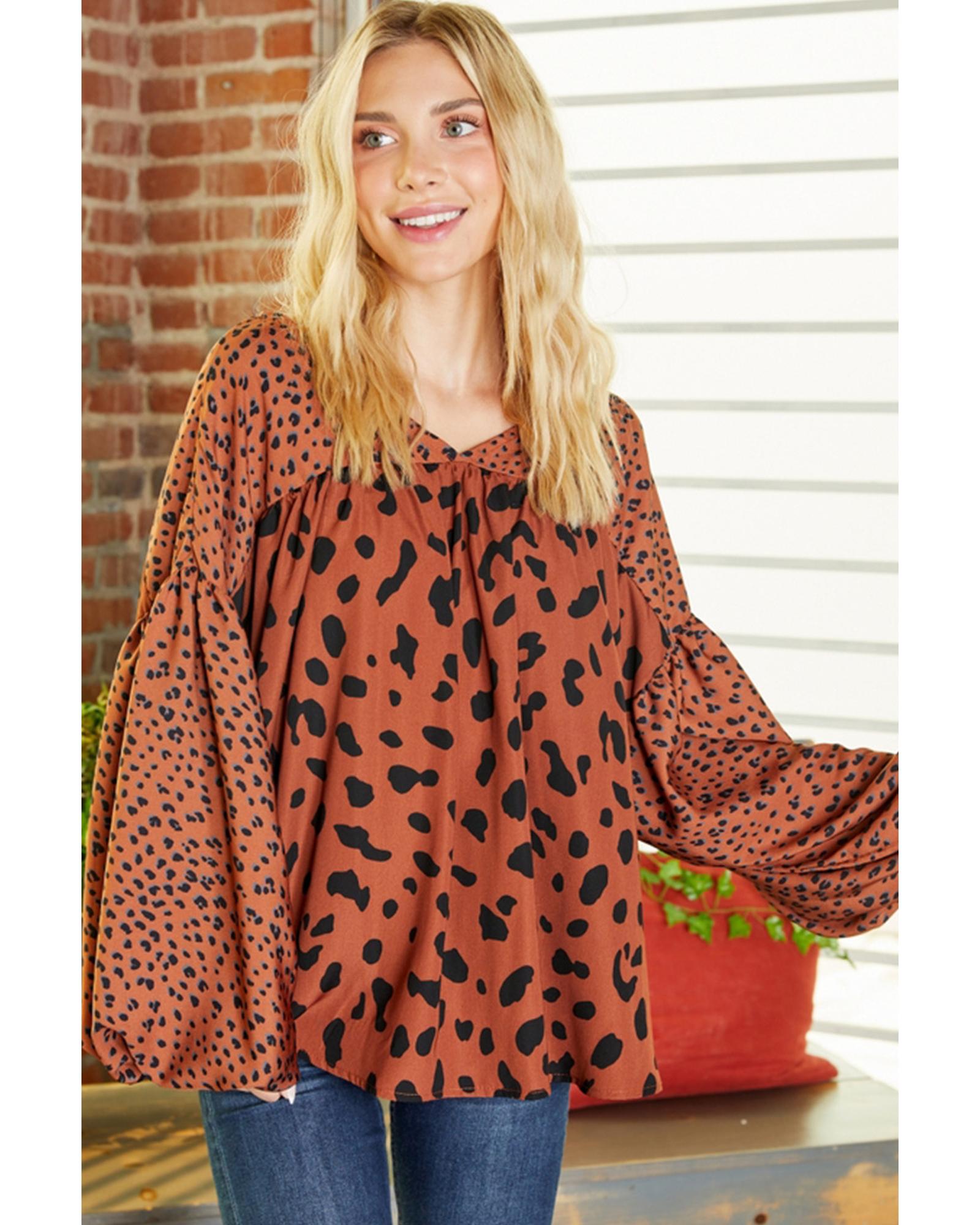 Brown Contrast Leopard Print Bubble Sleeve Blouse - S