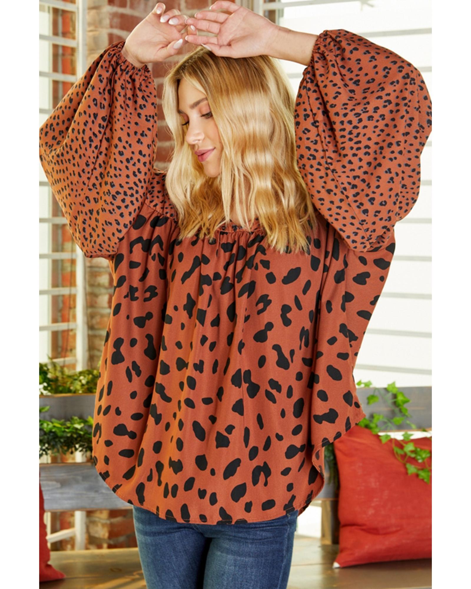 Brown Contrast Leopard Print Bubble Sleeve Blouse - S
