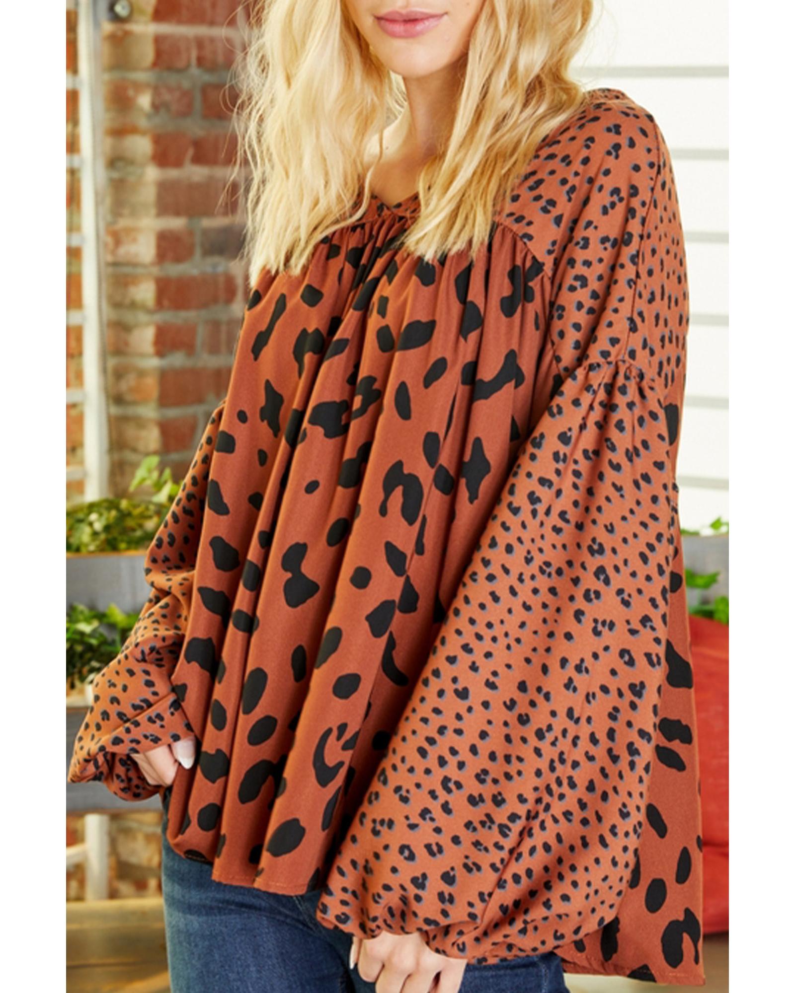 Brown Contrast Leopard Print Bubble Sleeve Blouse - S