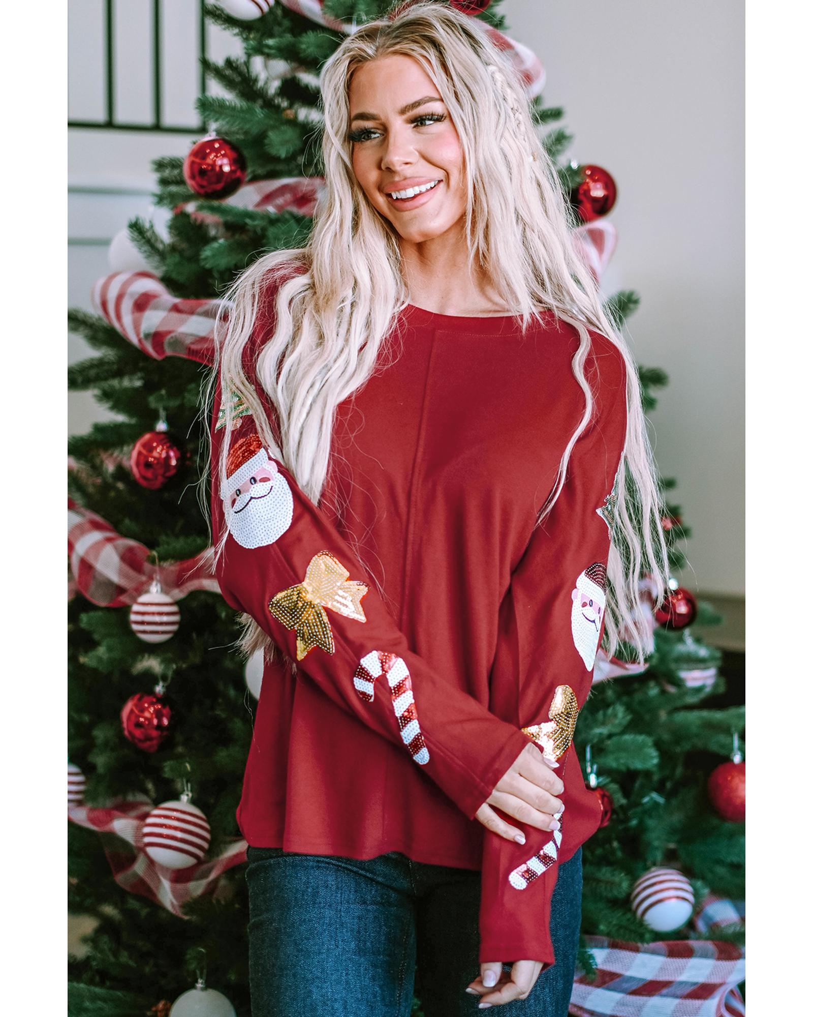 Red Sequined Christmas Favor Sleeve Casual Pullover - L