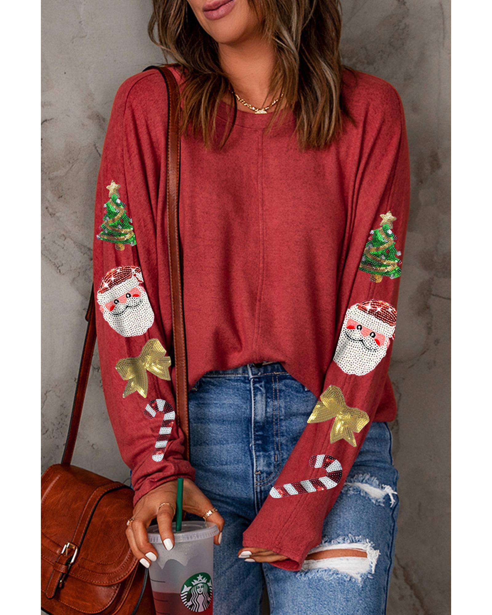 Red Sequined Christmas Favor Sleeve Casual Pullover - L