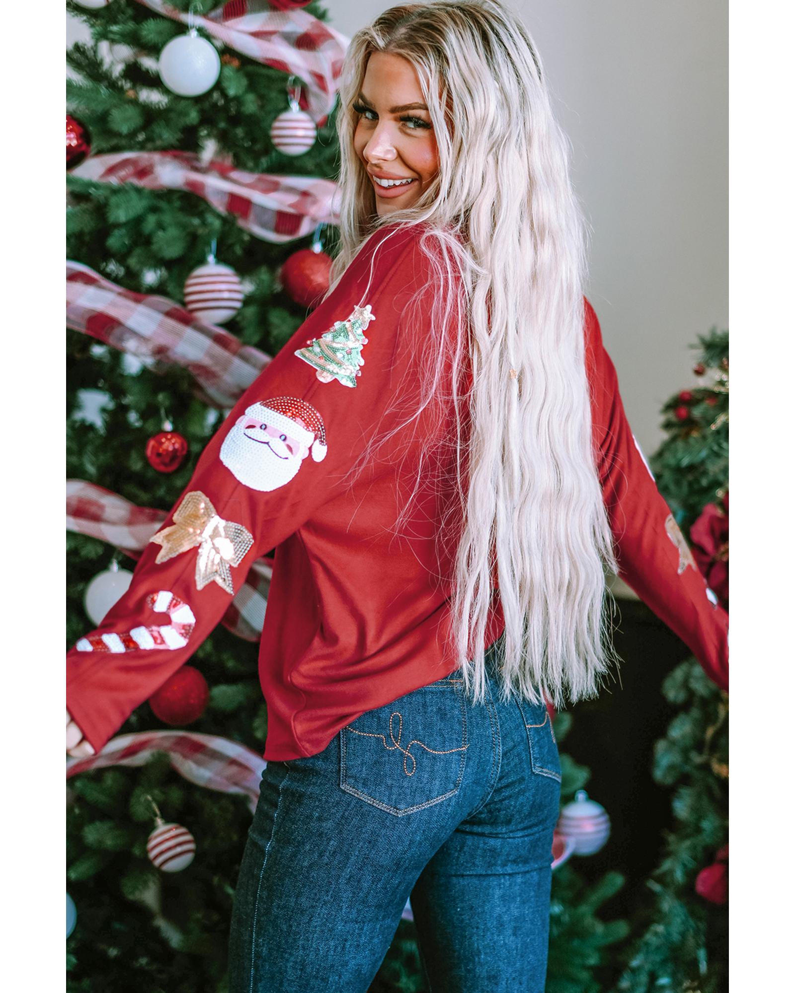 Red Sequined Christmas Favor Sleeve Casual Pullover - S