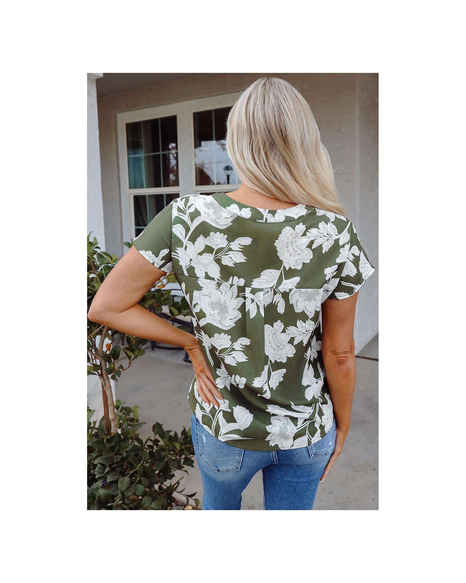 Green Floral Print Split Neck Short Sleeve Blouse - M