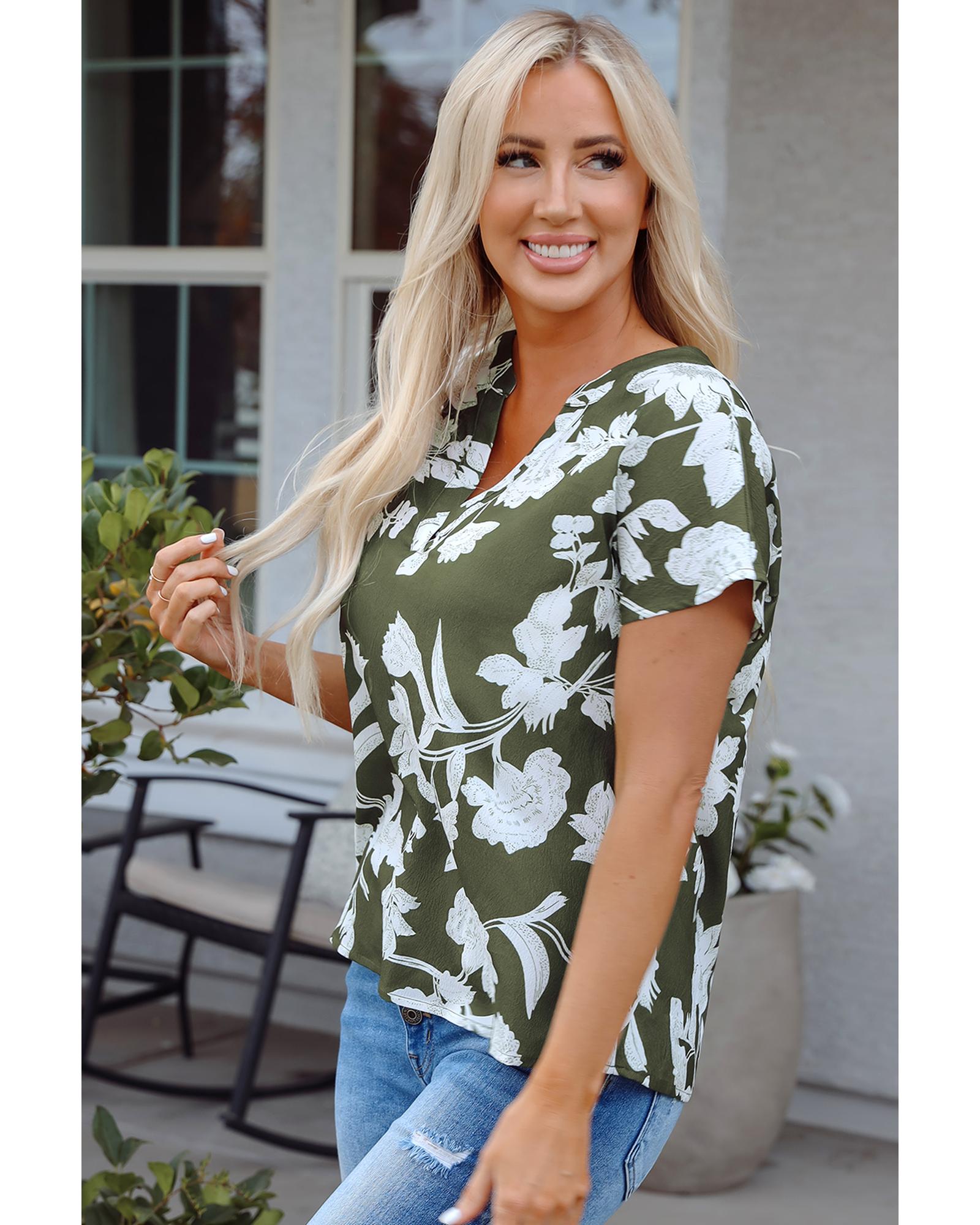 Green Floral Print Split Neck Short Sleeve Blouse - M