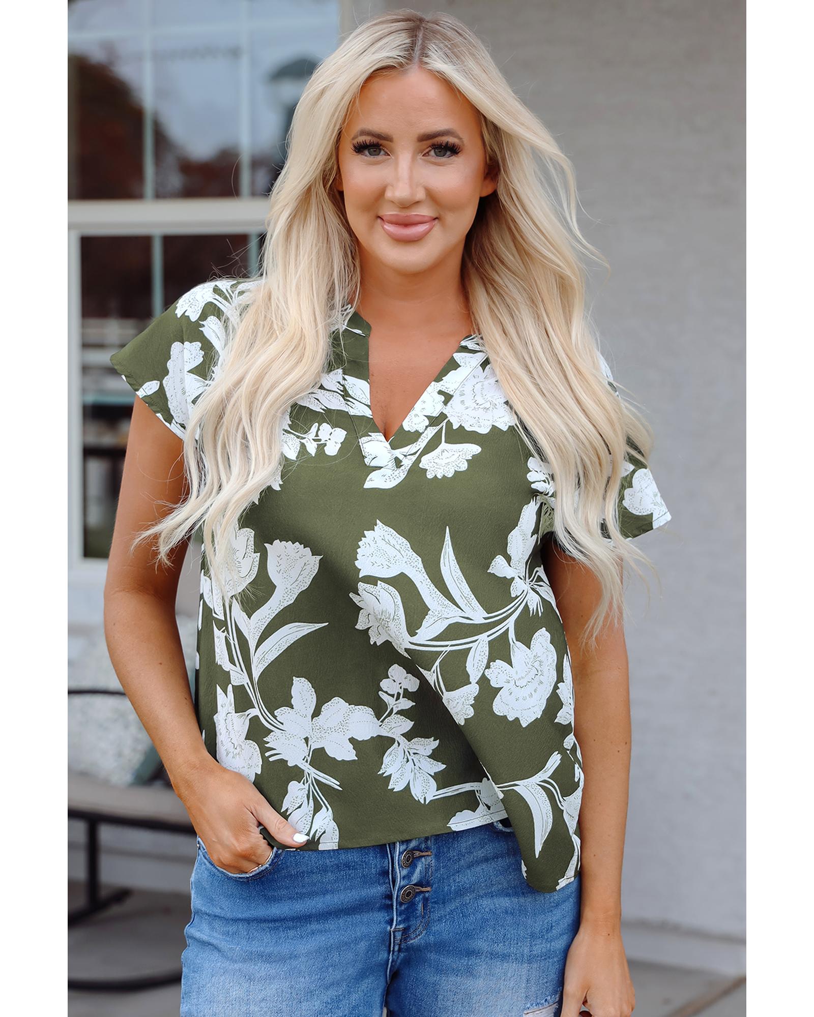 Green Floral Print Split Neck Short Sleeve Blouse - M