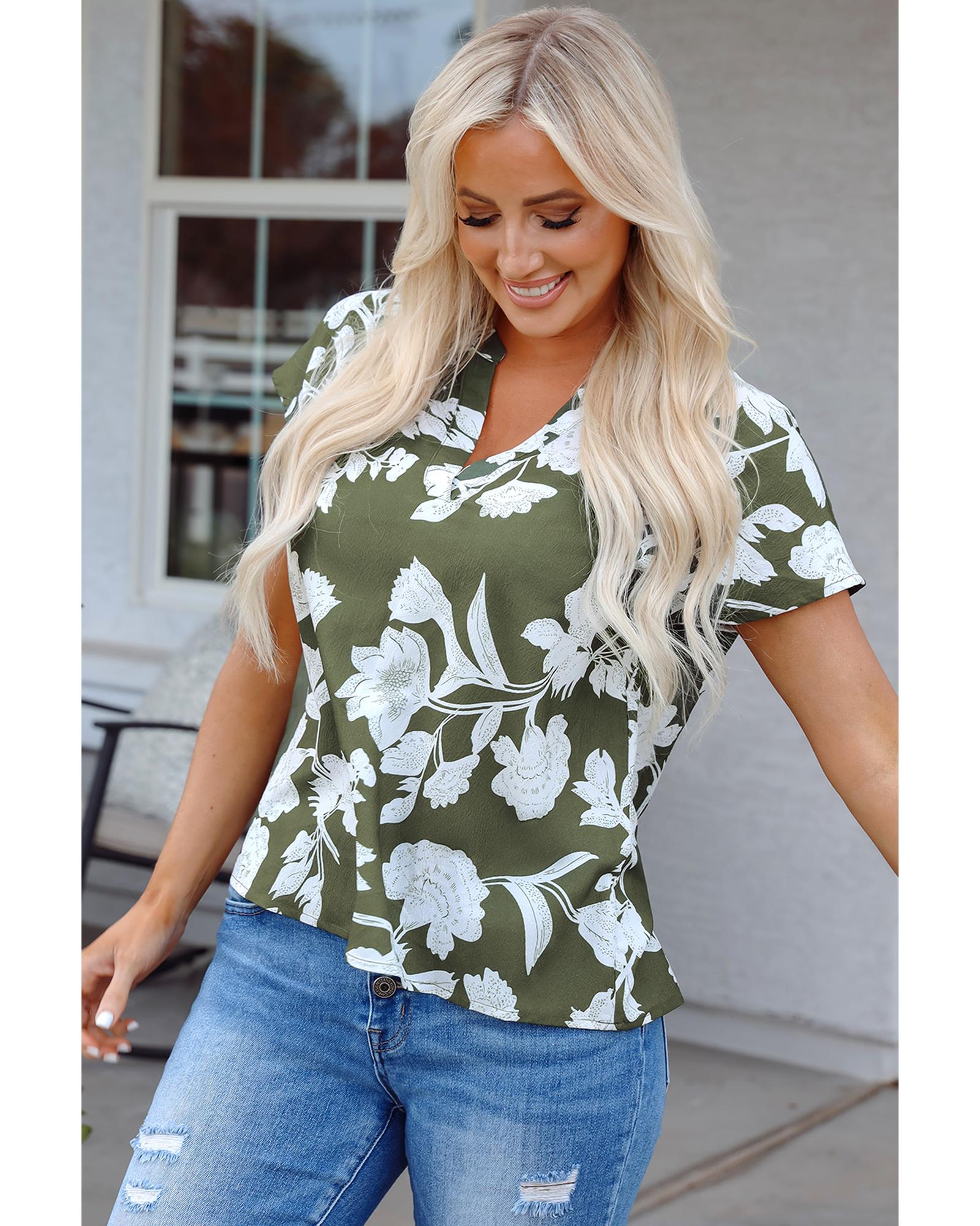 Green Floral Print Split Neck Short Sleeve Blouse - M