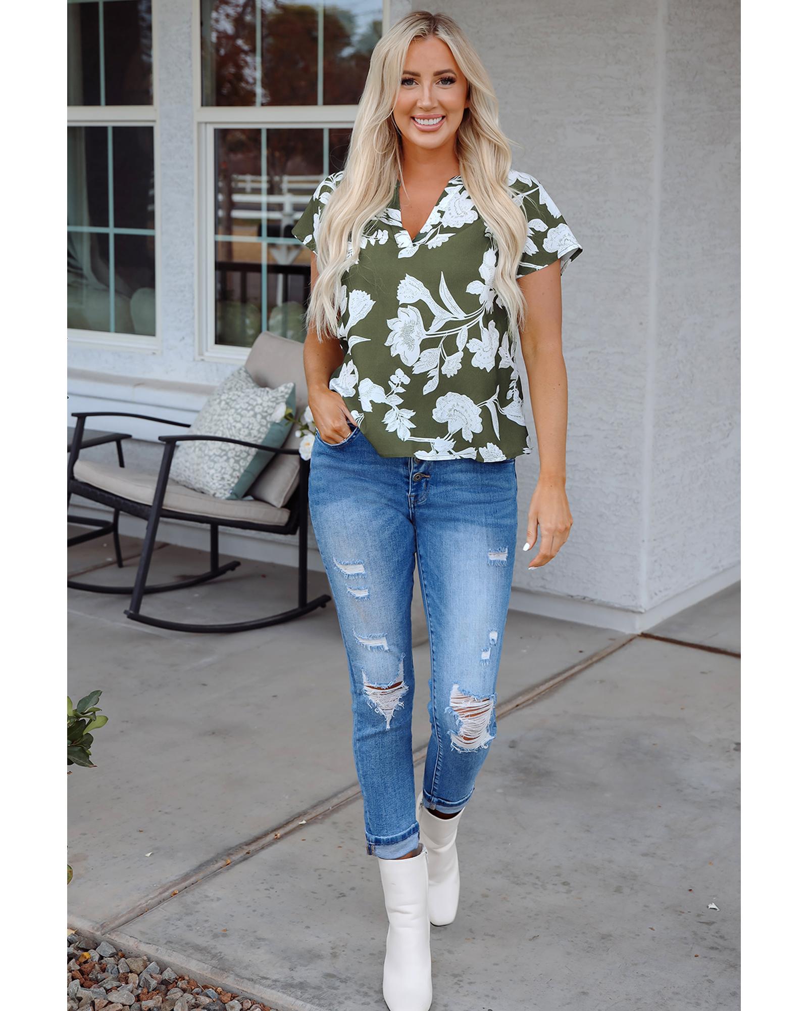 Green Floral Print Split Neck Short Sleeve Blouse - M