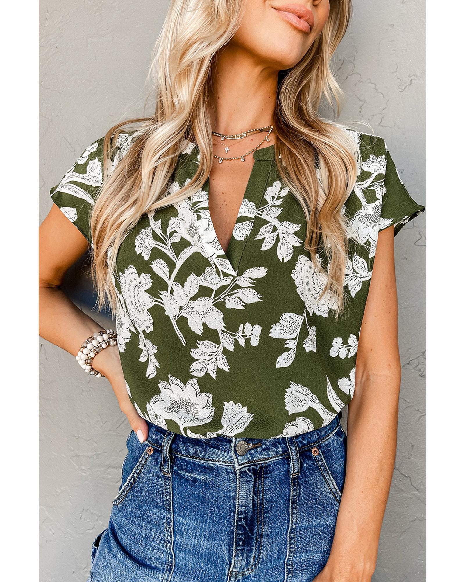 Green Floral Print Split Neck Short Sleeve Blouse - M