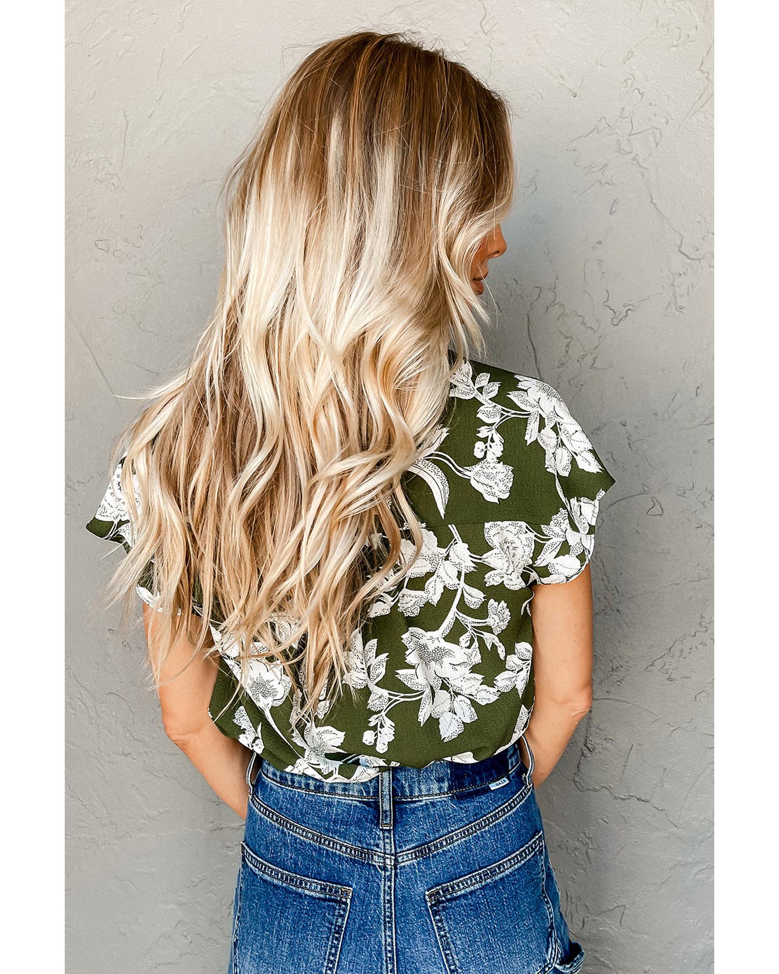 Green Floral Print Split Neck Short Sleeve Blouse - M