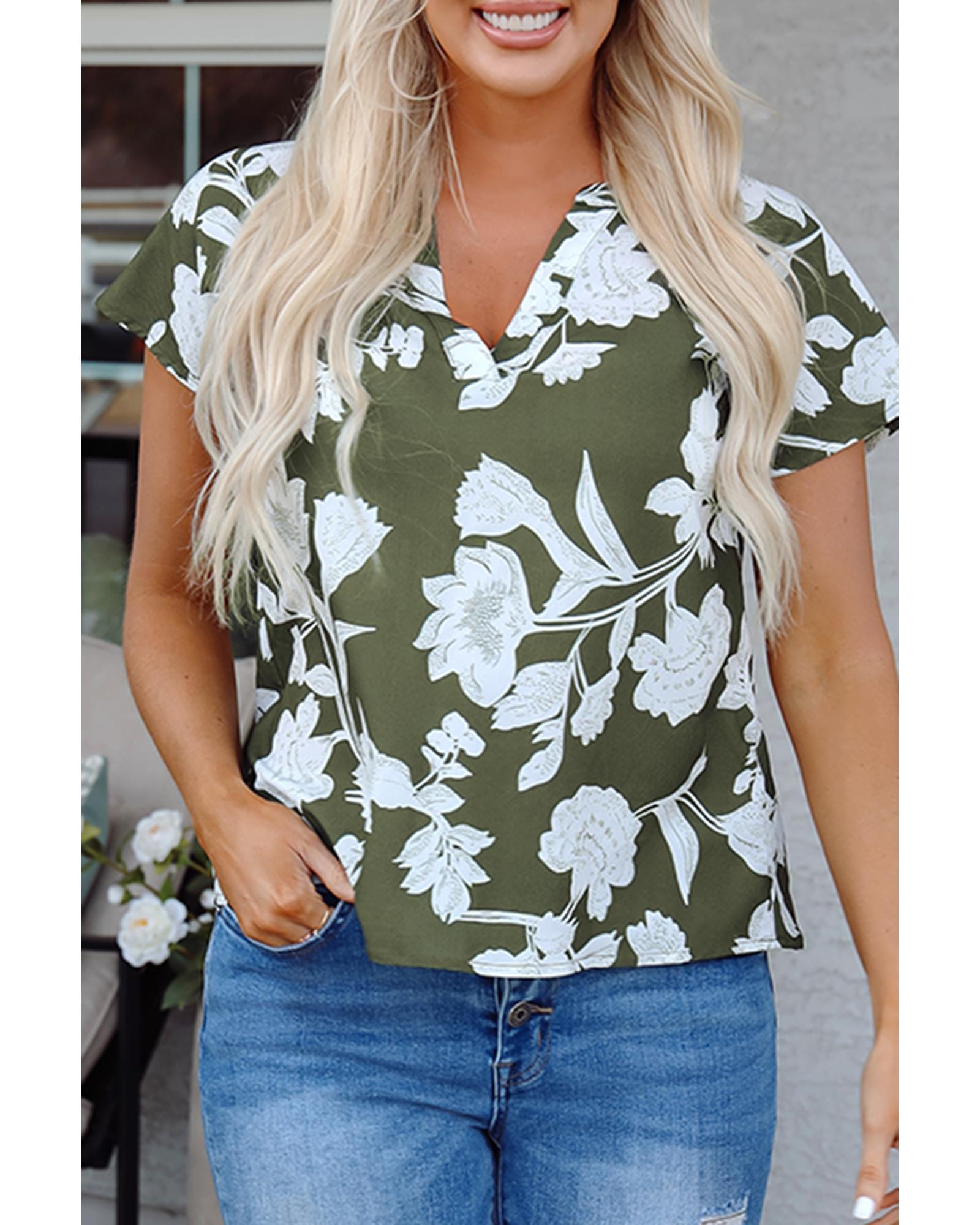 Green Floral Print Split Neck Short Sleeve Blouse - XL