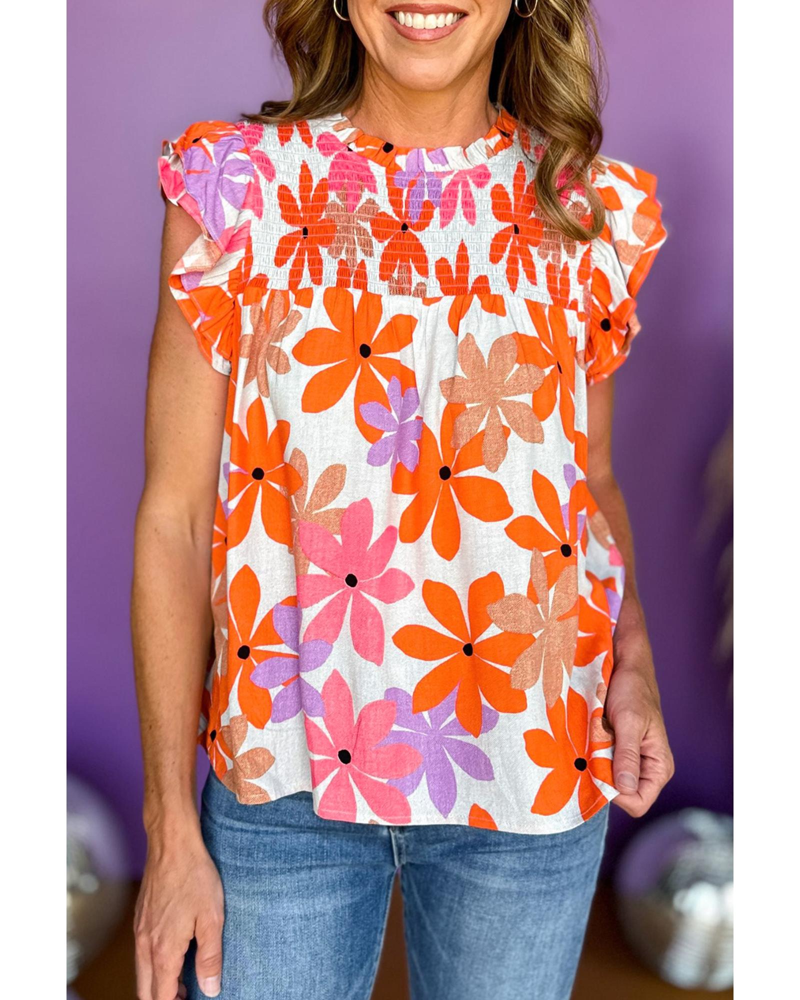 Orange Ruffled Sleeve Smocked Floral Top - L